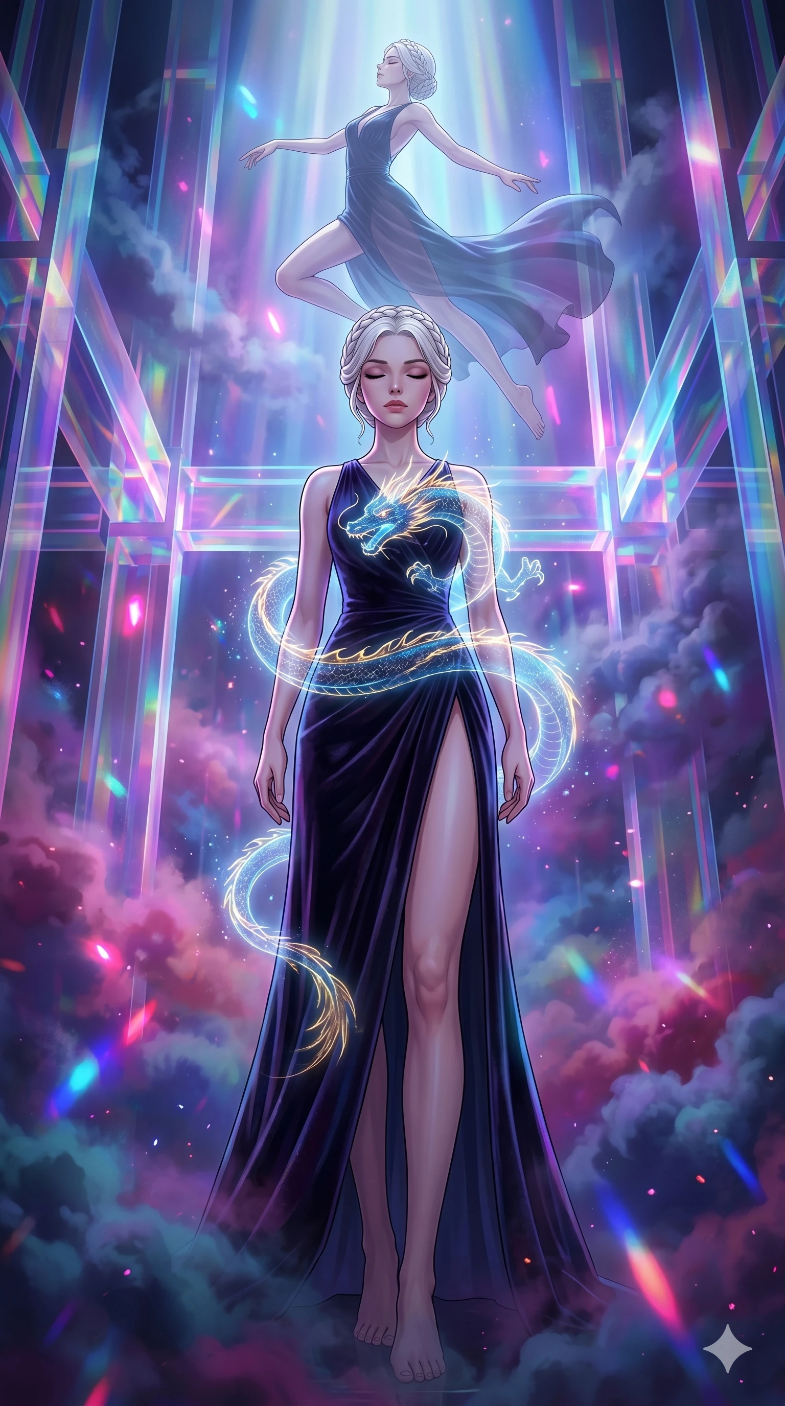 score_9, masterpiece, best quality, ultra-detailed, Set A: High-budget Anime Keyframe, Japanese woman. Low angle cowboy shot filling the entire 9:16 frame with her statuesque presence. Theme: Ethereal Dream. meditating in a temple made of solid light, as her reflection in the air starts to dance independently 95. The atmosphere is filled with heavy smog with neon flares. She has an absolutely perfect 8-heads proportion, an exceptionally tall and slender female figure with impossibly long slender legs and an ultra-slim waist. Sharp v-shaped jawline, high-bridge nose, intricate jewel-like eyes with depth, glossy lips. Wearing High-slit velvet gown with integrated holographic projection of a dragon. Cinematic lighting, vivid colors, dramatic shadows, 2k, ultra detail, master piece, 9:16 ratio