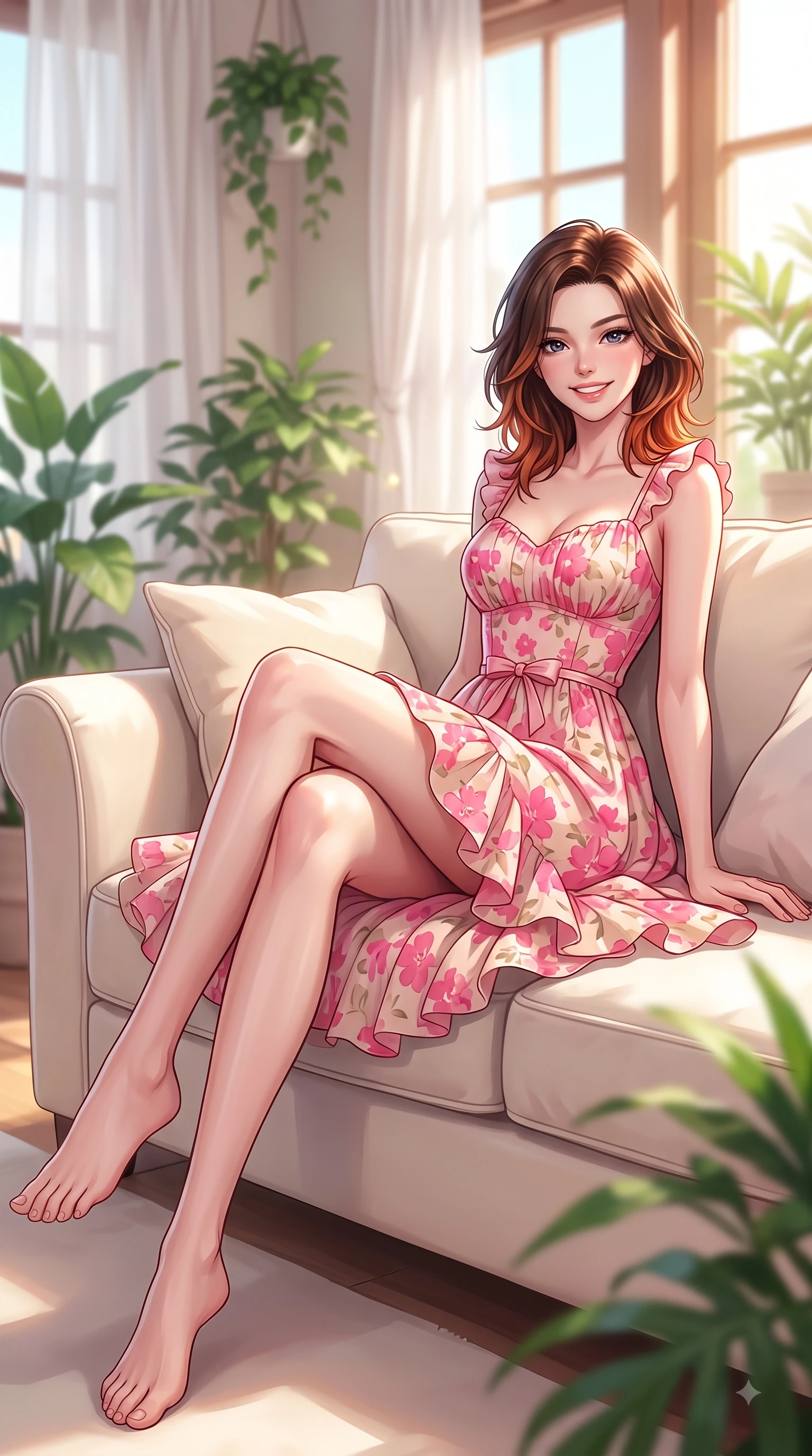 score_9, masterpiece, best quality, ultra-detailed, high-budget anime keyframe, editorial fashion photography, tasteful artistic composition, Korean woman. low angle full-body shot from head to toe showing her feet, filling the entire 9:16 vertical frame with her statuesque presence, stretching her vertical silhouette. pivoting dynamically with a fresh infectious smile, her ultra-slim waist creating a sweeping fluid curve while lounging comfortably on a soft cream sofa in a sunlit living room filled with indoor green plants. The composition keeps background elements in soft focus with dreamy bokeh. soft sheer white curtains and sunlit window frames softened by warm interior depth of field. She has an absolutely perfect, statuesque 8.5-heads proportion, an exceptionally tall and slender model-like female figure with impossibly long slender legs and an ultra-slim waist. sharp v-shaped jawline, high-bridge nose, intricate jewel-like eyes with depth, thick eyelashes, glossy lips with a natural sheen, flawlessly proportioned anatomical accuracy, natural body alignment, perfectly sculpted elegant limbs, clean dynamic posture without body distortion. wearing a bright floral print ruffle sundress with a gentle sweetheart neckline in cherry blossom pink and soft beige, made of fine lightweight chiffon that flutters gently in the breeze, accented with a dainty waist ribbon bow, the soft airy drape swaying gracefully with her dynamic movements. surrounded by a peaceful, intimate, and relaxing home atmosphere. highly saturated vibrant anime colors, detailed shading with soft gradients, rich glossy textures, high-contrast stereoscopic depth, volumetric dynamic lighting, master piece, 9:16 ratio