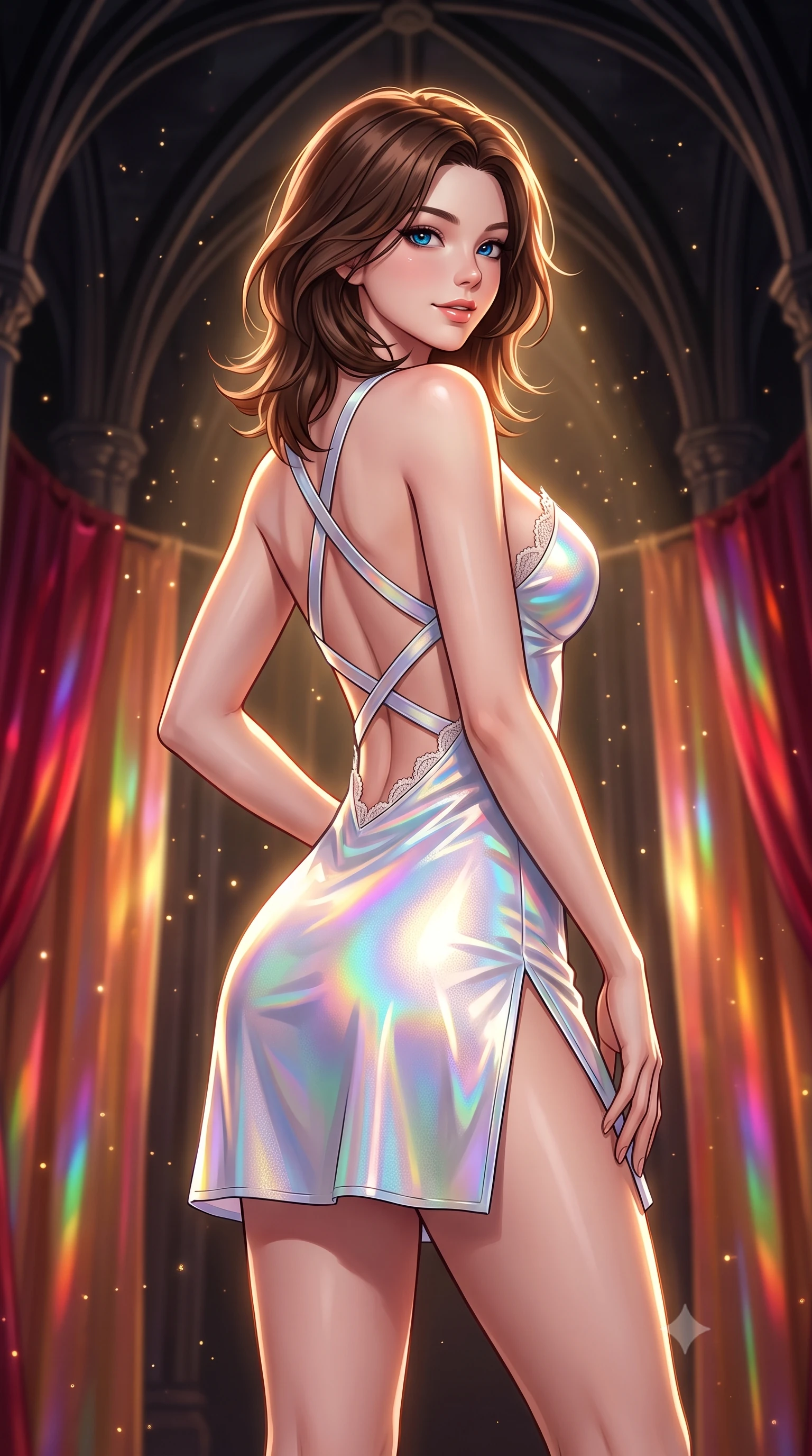 score_9, masterpiece, best quality, ultra-detailed, high-budget anime keyframe, semi-realistic 3D game render, editorial fashion photography, tasteful artistic composition, Korean woman. close-up cowboy shot from the waist and thighs up, the character dominates the composition, filling the frame with her large presence. posing in an alluring rear three-quarter angle, looking over a bare shoulder with parted glossy lips, her hips cocked back to highlight her slim hourglass curve while standing poised at the center of the monumental gothic-sci-fi throne room beneath soaring obsidian rib vaults, arching her lower back with sovereign diva charisma. The background shows a soft-focus golden dust motes shimmering in spotlight beams softened in grand star-fortress cathedral shallow focus. She has an exceptionally elegant, slender, and willowy female figure with an ultra-slim waist, flat toned midriff, narrow ribcage, and sculpted feminine hips creating an alluring, slim hourglass silhouette without bulk. sharp v-shaped jawline, high-bridge nose, intricate jewel-like sparkling eyes with depth, thick eyelashes, glossy parted lips with a natural peach sheen, bright cheerful beaming smile with an enchanting and coquettish sensual glint, exuding both youthful cute charm and seductive allure, flawlessly proportioned anatomical accuracy, strict slender model proportions, natural body alignment, perfectly sculpted long slender limbs, ultra-slim waistline, clean dynamic posture without body distortion. wearing a backless liquid foil flight mini dress with criss-cross spinal straps and daring high side slit in solar-sail rainbow diffraction and titanium white, made of fluid liquid jersey with seamless sculpting hold and smooth contours, finished with scalloped eyelash lace trim framing her sweetheart neckline with intimate elegance, the liquid-tight tailored fabric clinging flawlessly to her narrow waist and rounded feminine hips, emphasizing every millimeter of her sculpted slim hourglass curves without any bulky heaviness. bathed in warm 2600K golden spotlight radiance combined with ruby and amber holographic curtain glow. highly saturated vibrant anime colors, detailed shading with soft gradients, rich glossy textures, high-contrast stereoscopic depth, volumetric dynamic lighting, master piece, 9:16 ratio