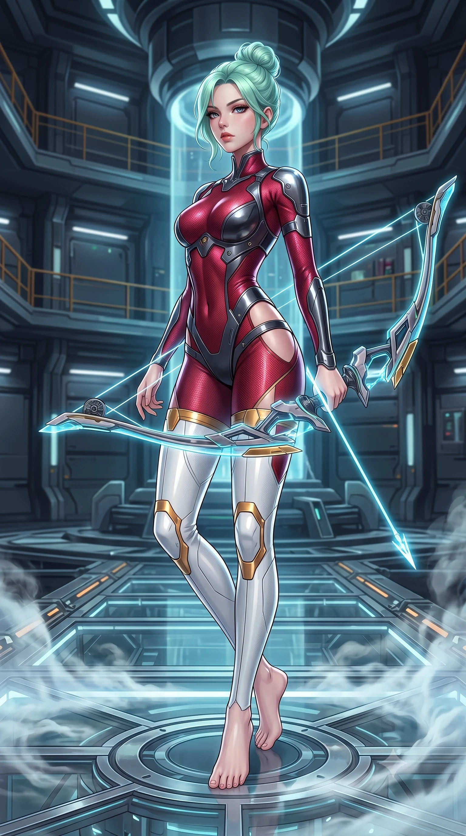score_9, masterpiece, best quality, ultra-detailed, high-budget anime keyframe, semi-realistic 3D game render, editorial fashion photography, tasteful artistic composition, Japanese woman. low angle full-body shot from head to toe showing her feet, filling the entire 9:16 vertical frame with her statuesque presence, stretching her vertical silhouette. pivoting dynamically in mid-motion with a breathtakingly alluring posture, displaying her flawless model proportions, toned flat midriff, and ultra-slim waist while resting her holographic bow with calm sovereign authority as swirling coolant mist flows around her slender ankles. The surrounding environment is rendered in vivid detail and crisp panoramic clarity. razor-sharp holographic bow limb geometries, glowing photon arrow string filaments, and reactor core facets in deep focus. She has an absolutely perfect, statuesque 8.5-heads proportion, an exceptionally tall and slender model-like female figure with impossibly long slender legs, a toned flat midriff, and an ultra-slim waist. sharp v-shaped jawline, high-bridge nose, intricate jewel-like eyes with depth, thick eyelashes, glossy lips with a natural sheen, flawlessly proportioned anatomical accuracy, strict slender model proportions, natural body alignment, perfectly sculpted long slender limbs, ultra-slim waistline, clean dynamic posture without body distortion. wearing a skin-tight crimson carbon-weave combat leotard with metallic dark chrome plating and hip-accentuating cutouts, holding twin glowing high-frequency vibro-blades with effortless supermodel poise in arctic white carbon composite with radiant solar gold plating, crafted from semi-translucent cybernetic carbon-vinyl interwoven with glowing micro-filaments, accented with glowing fiber-optic conduits tracing her collarbones and hip curves, the liquid-tight tailored fabric emphasizing every curve of her tall, slender model proportions and sculptured silhouette during dynamic movement. illuminated by crisp white key lighting with sharp specular highlights tracing her slender curves. rich saturated anime colors with glowing neon highlights, detailed shading with soft gradients, rich glossy textures, high-contrast stereoscopic depth, volumetric dynamic lighting, master piece, 9:16 ratio