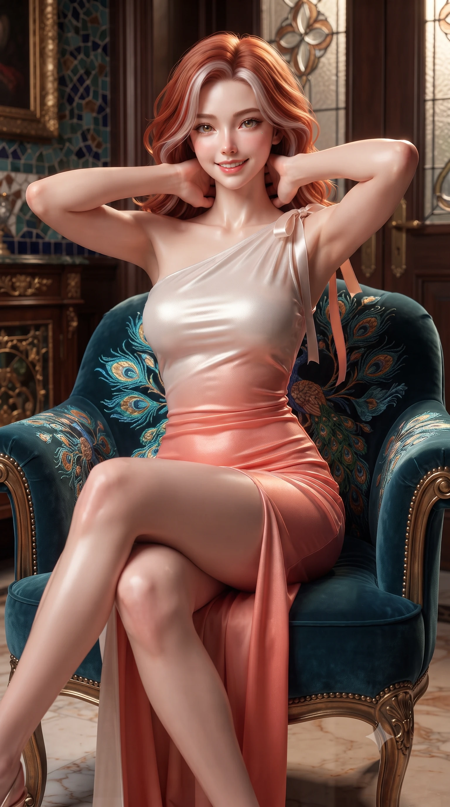 score_9, masterpiece, best quality, ultra-detailed, high-budget anime keyframe, editorial fashion photography, tasteful artistic composition, Caucasian woman. close-up cowboy shot from the waist and thighs up, the character dominates the composition, filling the frame with her large presence. resting both hands lightly behind her neck with elbows raised, arching her spine to highlight her narrow waist, flat midriff, and breathtaking collarbones while sitting gracefully on the peacock-embroidered velvet armchair with legs crossed, her statuesque 8.5-heads silhouette commanding the sanctuary. The surrounding environment is rendered in vivid detail and crisp panoramic clarity: sharp hand-laid ceramic mosaic tesserae, polished unlacquered brass door furniture, and leaded stained-glass solder lines in deep focus. She has an exceptionally elegant, slender, and willowy female figure with an ultra-slim waist, flat toned midriff, narrow ribcage, and sculpted feminine hips creating an alluring, slim hourglass silhouette without bulk. sharp v-shaped jawline, high-bridge nose, intricate jewel-like sparkling eyes with depth, thick eyelashes, glossy parted lips with a natural peach sheen, bright cheerful beaming smile with an enchanting and coquettish sensual glint, exuding both youthful cute charm and seductive allure, flawlessly proportioned anatomical accuracy, strict slender model proportions, natural body alignment, perfectly sculpted long slender limbs, ultra-slim waistline, clean dynamic posture without body distortion. wearing a liquid jersey asymmetrical one-shoulder gown with seamless sculpting hold adhering tightly to her silhouette in North Malé sandbank mother-of-pearl and warm coral blush, crafted from bespoke double-faced cashmere with an exceptionally soft tactile finish, finished with satin ribbon ties at the shoulders fluttering in the gentle breeze, the impeccably tailored cut draping gracefully along her slender figure with aristocratic poise. illuminated by marble floor reflection bounce and sharp rose-gold rim lights sculpting her jawline, narrow waist, and curvy hips. ultra-reflective glossy finish, specular highlights, rich textural contrasts, high-contrast stereoscopic depth, volumetric dynamic lighting, 2k, ultra detail, master piece, 9:16 ratio