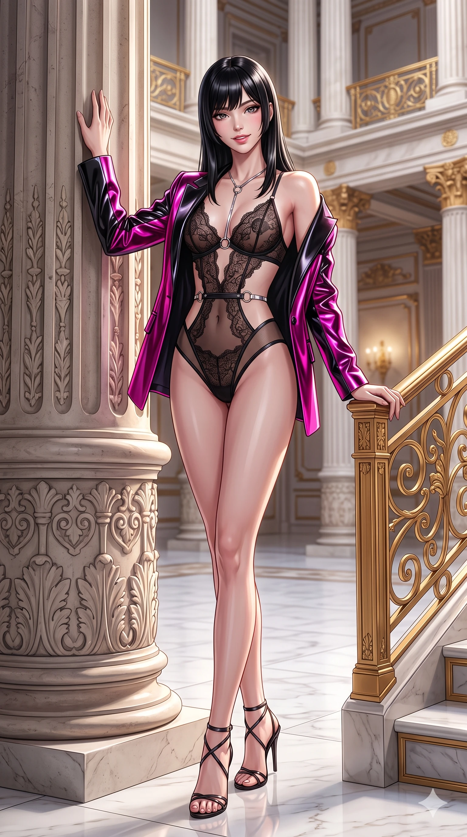 score_9, masterpiece, best quality, ultra-detailed, high-budget anime keyframe, semi-realistic 3D game render, editorial fashion photography, tasteful artistic composition, Caucasian woman. low angle full-body shot from head to toe showing her feet, filling the entire 9:16 vertical frame with her statuesque presence, stretching her vertical silhouette. standing tall beside the carved palazzo column, one hand resting high while arching her lower back to emphasize her sculpted feminine hips and slender waist while twisting her slender torso in an alluring S-curve while holding the gilded filigree banister, flashing an intoxicating smile with parted glossy lips. The surrounding environment is rendered in vivid detail and crisp panoramic clarity: intricate second-skin silk jersey tailoring, sheer side mesh panels, and monumental neoclassical architecture in razor-sharp clarity. She has an exceptionally tall and slender model-like 8.5-heads proportion, an ultra-slim waist, a flat toned midriff, narrow delicate ribcage, and beautifully sculpted feminine hips creating a graceful, slim hourglass silhouette without any bulky heaviness, with impossibly long slender legs. sharp v-shaped jawline, high-bridge nose, intricate jewel-like sparkling eyes with depth, thick eyelashes, glossy parted lips with a natural sheen, intensely captivating and seductive bedroom-eyes expression, exuding both youthful cute charm and sovereign luxury allure, flawlessly proportioned anatomical accuracy, strict slender model proportions, natural body alignment, perfectly sculpted long slender limbs, ultra-slim waistline, clean dynamic posture without body distortion. wearing a delicate sheer French Chantilly lace teddy layered under an open tailored metallic blazer draped over bare shoulders in black lacquer and vibrant magenta neon, adorned with delicate chrome ring hardware and cutouts along her slender waist, accented with a chrome-drop body harness subtly framing her dewy collarbones and spine, the precision-cut side openings and low-back scoop framing her graceful spine and the sensual sweep of her slim, toned hips. illuminated by white marble floor bounce and sharp diamond-gold rim lights carving her sculpted collarbones, ultra-slim waist, and curvy hips. highly saturated vibrant anime colors, detailed shading with soft gradients, rich glossy textures, high-contrast stereoscopic depth, volumetric dynamic lighting, master piece, 9:16 ratio