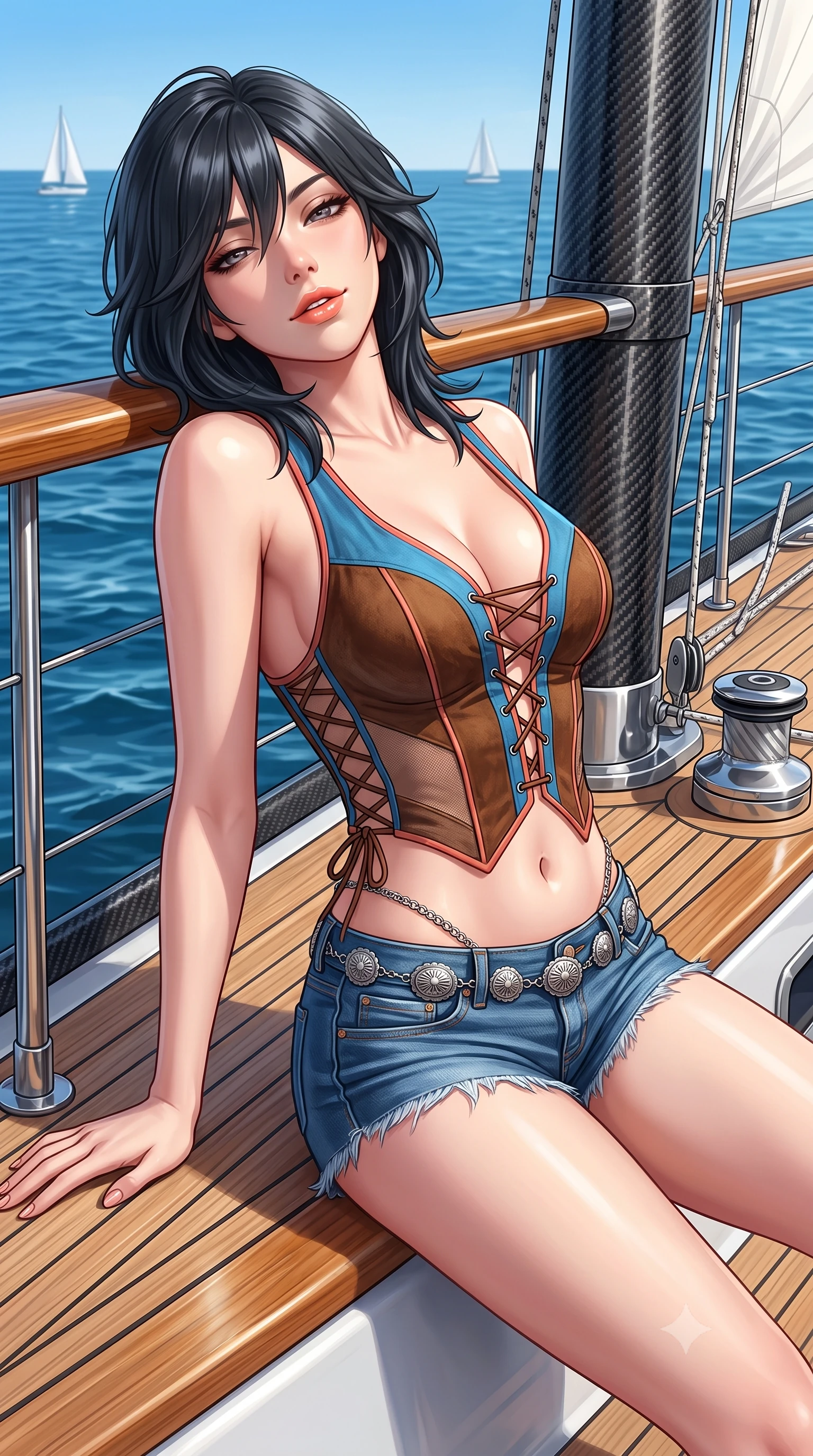 score_9, masterpiece, best quality, ultra-detailed, high-budget anime keyframe, semi-realistic 3D game render, editorial fashion photography, tasteful artistic composition, Caucasian woman. close-up cowboy shot from the waist and thighs up, the character dominates the composition, filling the frame with her large presence. leaning back against the balustrade with relaxed seductive grace, head tilted back slightly while casting a hypnotic, heavy-lidded gaze while lounging gracefully on the flush teak deck propped on one hand, her flat midriff and long slender legs commanding the open sea. The surrounding environment is rendered in vivid detail and crisp panoramic clarity: sharp teak caulking seams, carbon-fiber mast weave, and polished titanium deck hardware in deep focus. She has an exceptionally elegant, slender, and willowy female figure with an ultra-slim waist, flat toned midriff, narrow ribcage, and sculpted feminine hips creating an alluring, slim hourglass silhouette without bulk. sharp v-shaped jawline, high-bridge nose, sparkling eyes with hypnotic seductive depth, thick curled eyelashes, glossy parted lips with a natural dewy peach sheen, alluring bedroom-eyes with an enchanting coquettish smile, exuding magnetic siren charisma and sophisticated glamour, flawlessly proportioned anatomical accuracy, strict slender model proportions, natural body alignment, perfectly sculpted long slender limbs, ultra-slim waistline, clean dynamic posture without body distortion. wearing a plunging lace-up suede bustier top paired with ultra-short frayed denim cutoffs and a silver concho waist chain in Mediterranean cerulean blue and optic white with coral trims, made of semi-opaque stretch illusion mesh with soft shadowy contours, featuring fine criss-cross lace-up side ties revealing tantalizing glimpses of her hip curve, the precision-cut side openings and low-back scoop framing her graceful spine and the sensual sweep of her slim, toned hips. bathed in intense maritime sunlight reflecting from open Mediterranean waters and crisp white sails. highly saturated vibrant anime colors, detailed shading with soft gradients, rich glossy textures, high-contrast stereoscopic depth, volumetric dynamic lighting, master piece, 9:16 ratio