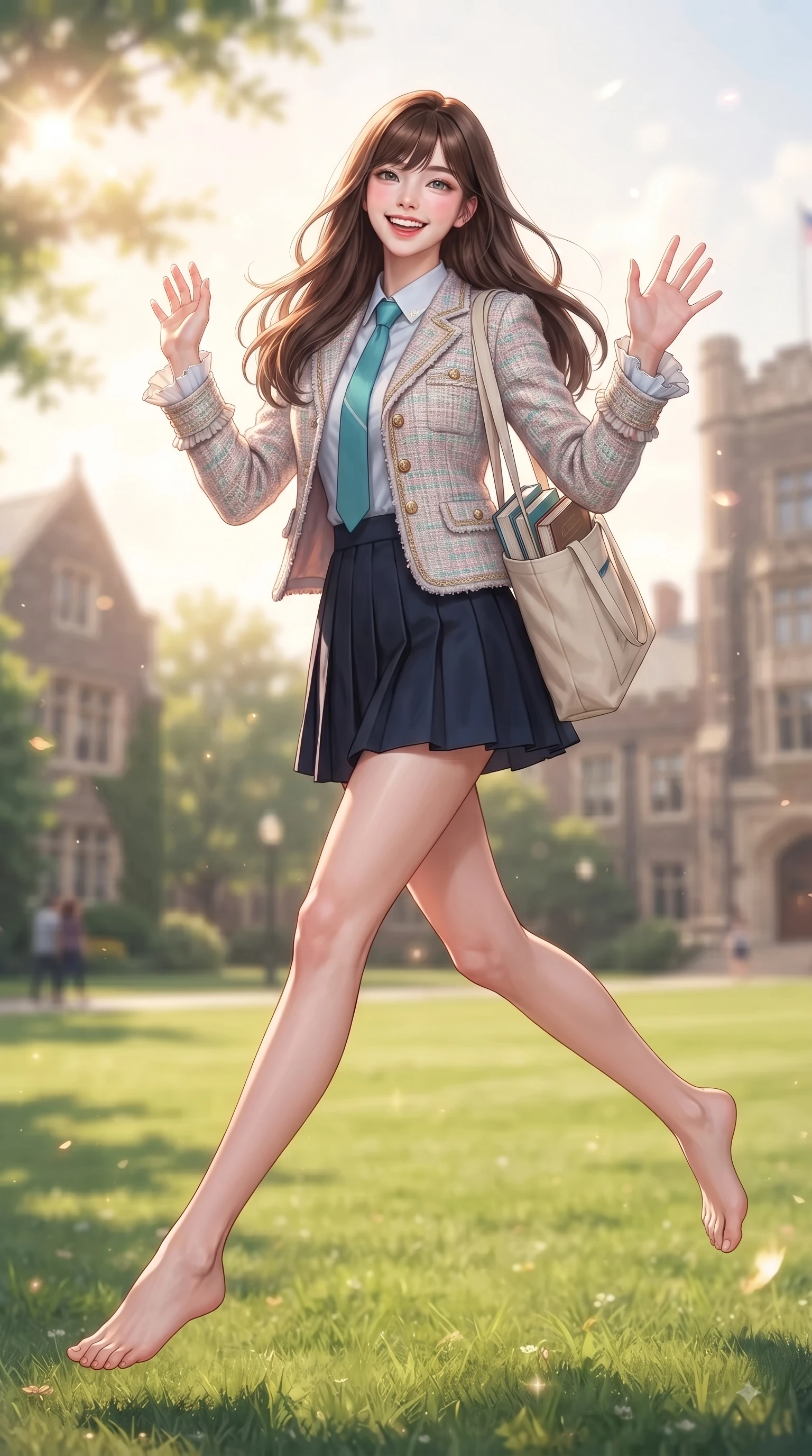score_9, masterpiece, best quality, ultra-detailed, high-budget anime keyframe, editorial fashion photography, tasteful artistic composition, Korean woman. low angle full-body shot from head to toe showing her feet, filling the entire 9:16 vertical frame with her statuesque presence, stretching her vertical silhouette. leaping with pure youthful energy through the scene with a radiant bright smile, her long slender legs balanced gracefully while walking happily across a sunlit university campus lawn carrying a canvas tote bag and books. The composition keeps background elements in soft focus with dreamy bokeh. lush green quad lawns and historical college buildings blurred in dreamy shallow focus. She has an absolutely perfect, statuesque 8.5-heads proportion, an exceptionally tall and slender model-like female figure with impossibly long slender legs and an ultra-slim waist. sharp v-shaped jawline, high-bridge nose, intricate jewel-like eyes with depth, thick eyelashes, glossy lips with a natural sheen, flawlessly proportioned anatomical accuracy, natural body alignment, perfectly sculpted elegant limbs, clean dynamic posture without body distortion. wearing a preppy academy blazer over a crisp collared shirt, navy pleated skirt, and a slim necktie in ocean turquoise and sea-salt white, tailored from soft pastel tweed with subtle metallic thread, accented with soft smocked details and fluttery cuffs, the relaxed yet flattering fit accentuating her naturally graceful and slender figure. illuminated by warm golden sunbursts and bright clear sky refractions. ultra-reflective glossy finish, specular highlights, metallic sheen, high-contrast stereoscopic depth, volumetric dynamic lighting, 2k, ultra detail, master piece, 9:16 ratio