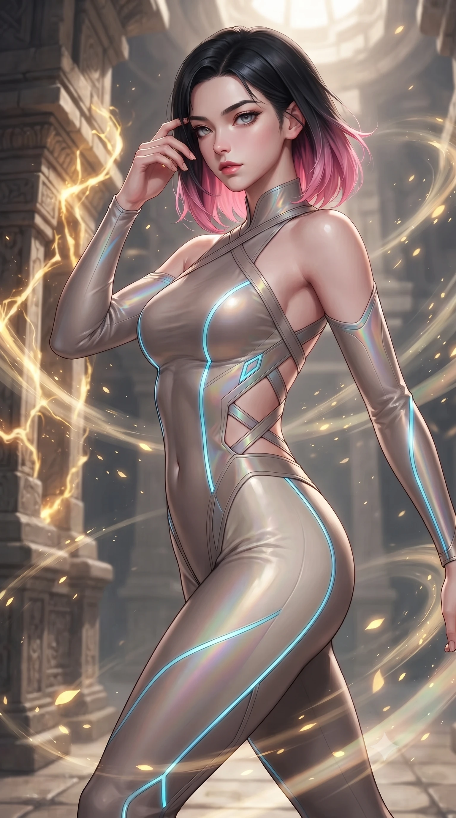 score_9, masterpiece, best quality, ultra-detailed, high-budget anime keyframe, editorial fashion photography, tasteful artistic composition, Korean woman. close-up cowboy shot from the waist and thighs up, the character dominates the composition, filling the frame with her large presence, background elements kept in soft focus. Resting her fingers gracefully near her temple, casting a sharp mysterious side-gaze during her stride while forging dynamically through an architectural sun temple as golden energy arcs erupt nearby, glowing solar pollen particles drifting in rapid swirling currents nearby. She has an exceptionally elegant, slender, and willowy female figure with an ultra-slim waist, a gracefully sculpted slender torso, and a refined silhouette. sharp v-shaped jawline, high-bridge nose, intricate jewel-like eyes with depth, thick eyelashes, glossy lips with a natural sheen, flawlessly proportioned anatomical accuracy, natural body alignment, perfectly sculpted elegant limbs, clean dynamic posture without body distortion. wearing a skin-tight cybernetic bodysuit with glowing neon seams and side cutouts in muted taupe and soft ivory, crafted from iridescent chiffon that shifts colors in the light, complemented by criss-cross back straps highlighting her bare shoulders, the elegant draped fit framing her graceful clavicle and slender torso. surrounded by a brilliant solar aura with high-contrast metallic specular shine. ultra-reflective glossy finish, specular highlights, metallic sheen, high-contrast stereoscopic depth, volumetric dynamic lighting, 2k, ultra detail, master piece, 9:16 ratio