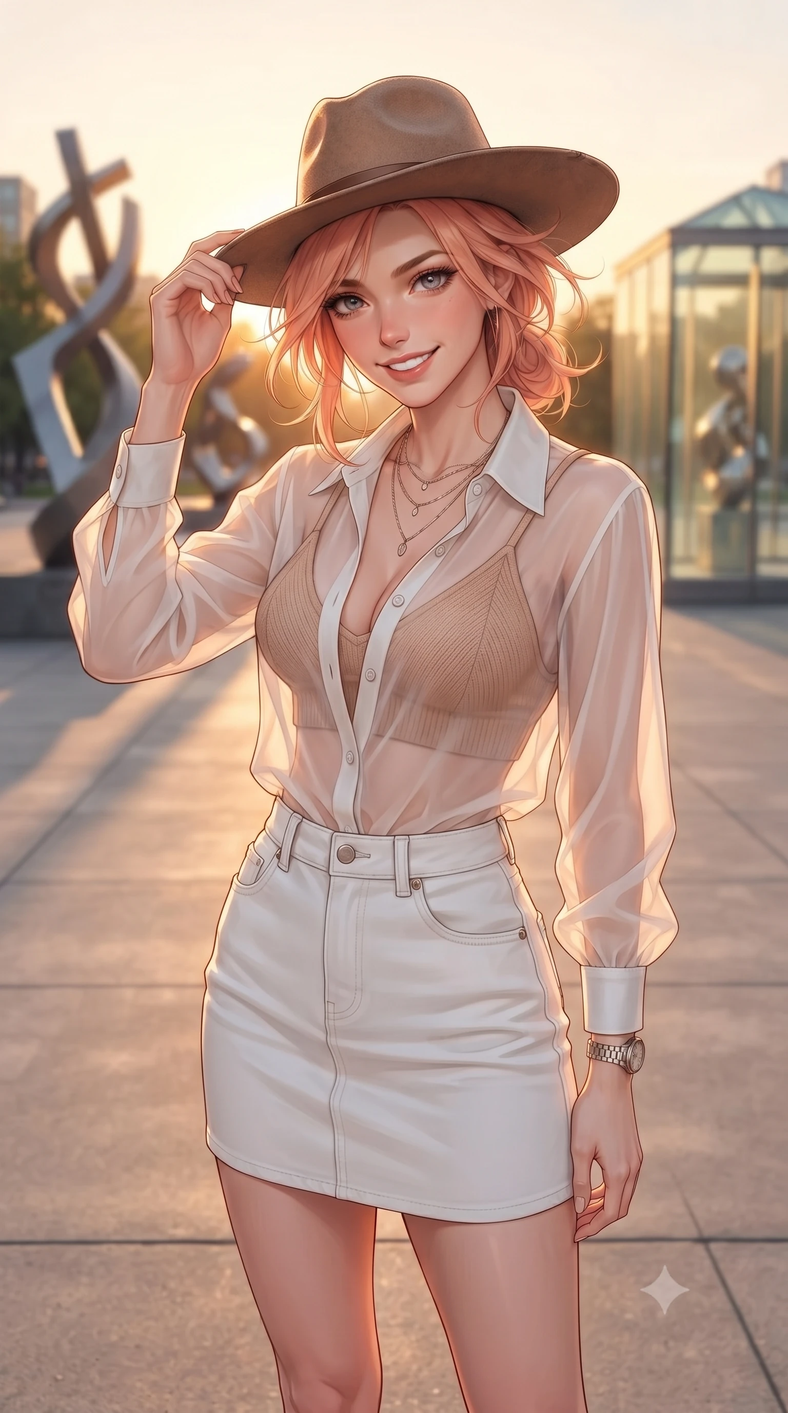score_9, masterpiece, best quality, ultra-detailed, high-budget anime keyframe, editorial fashion photography, tasteful artistic composition, Japanese woman. close-up cowboy shot from the waist and thighs up, the character dominates the composition, filling the frame with her large presence, background elements kept in soft focus. tilting her chin down slightly, looking up at the viewer with a deeply charming, smoldering gaze set against a soft-focus background of in a vibrant fashion square with modern sculptures and glass pavilions adjusting her stylish hat with a bright, confident smile. She has an exceptionally elegant, slender, and willowy female figure with an ultra-slim waist, a gracefully sculpted slender torso, and a refined silhouette. sharp v-shaped jawline, high-bridge nose, intricate jewel-like eyes with depth, thick eyelashes, glossy lips with a natural sheen. wearing tailored sheer chiffon button-up shirt in white, worn over a slim-fit knit bralette and a mini skirt. golden hour sunset light casting long shadow lines on the concrete pavement. highly saturated vibrant anime colors, detailed shading with soft gradients, rich glossy textures, high-contrast stereoscopic depth, volumetric dynamic lighting, master piece, 9:16 ratio