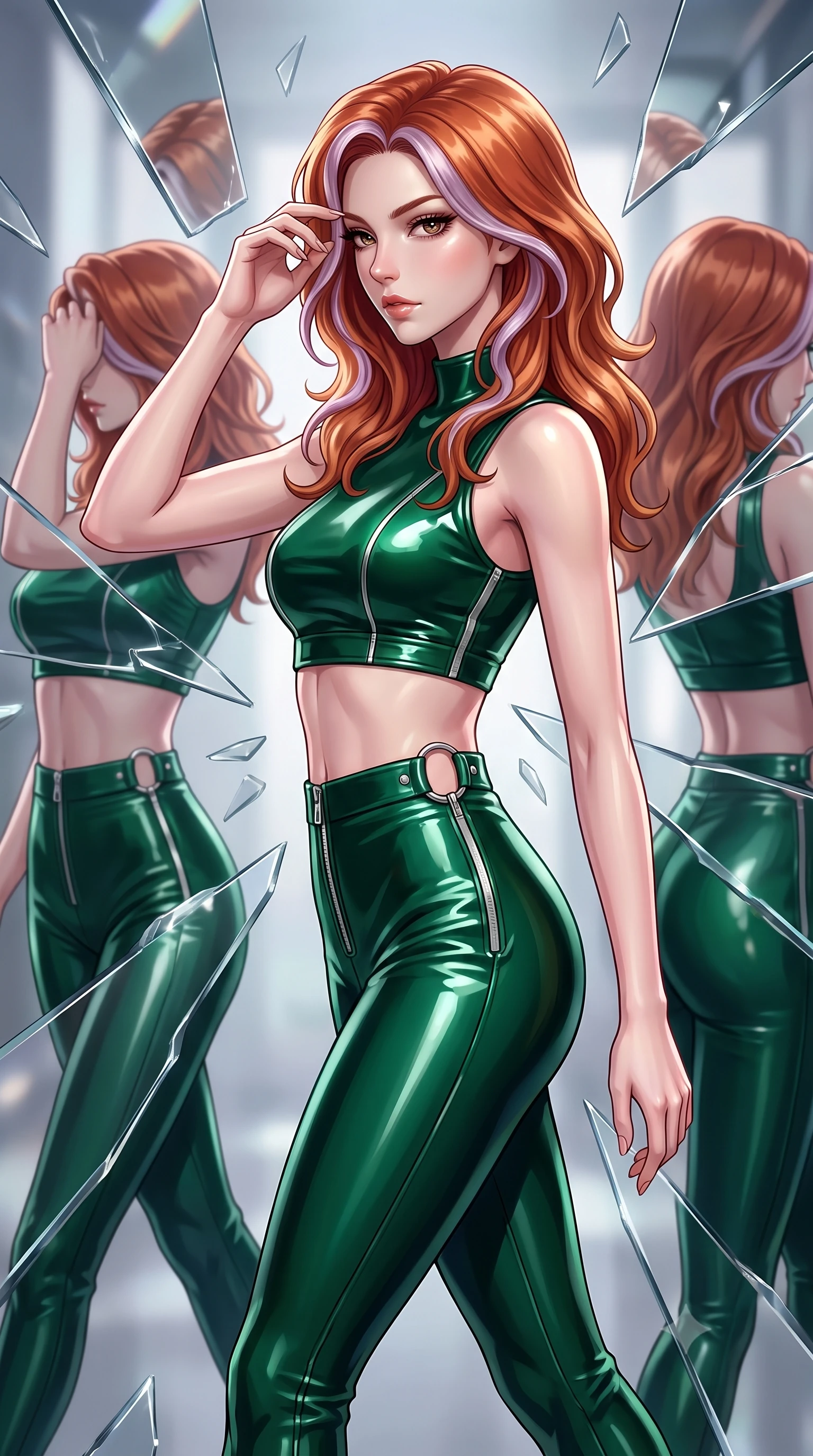 score_9, masterpiece, best quality, ultra-detailed, high-budget anime keyframe, editorial fashion photography, tasteful artistic composition, Caucasian woman. close-up cowboy shot from the waist and thighs up, the character dominates the composition, filling the frame with her large presence, background elements kept in soft focus. Resting her fingers gracefully near her temple, casting a sharp mysterious side-gaze during her stride while turning in a sharp dynamic profile while surrounded by rotating shattered mirror shards, multiple mirror reflections capturing her statuesque form from dramatic angles. She has an exceptionally elegant, slender, and willowy female figure with an ultra-slim waist, a gracefully sculpted slender torso, and a refined silhouette. sharp v-shaped jawline, high-bridge nose, intricate jewel-like eyes with depth, thick eyelashes, glossy lips with a natural sheen, flawlessly proportioned anatomical accuracy, natural body alignment, perfectly sculpted elegant limbs, clean dynamic posture without body distortion. wearing a glossy vinyl crop top and high-waist tailored leggings with sleek zippers in deep emerald green and silver accent, crafted from smooth liquid silk, accented with delicate chrome ring hardware framing her waist, the tailored fabric tightly following every curve of her athletic build. illuminated by high-contrast studio spotlights with sharp specular highlights. highly saturated vibrant anime colors, detailed shading with soft gradients, rich glossy textures, high-contrast stereoscopic depth, volumetric dynamic lighting, master piece, 9:16 ratio