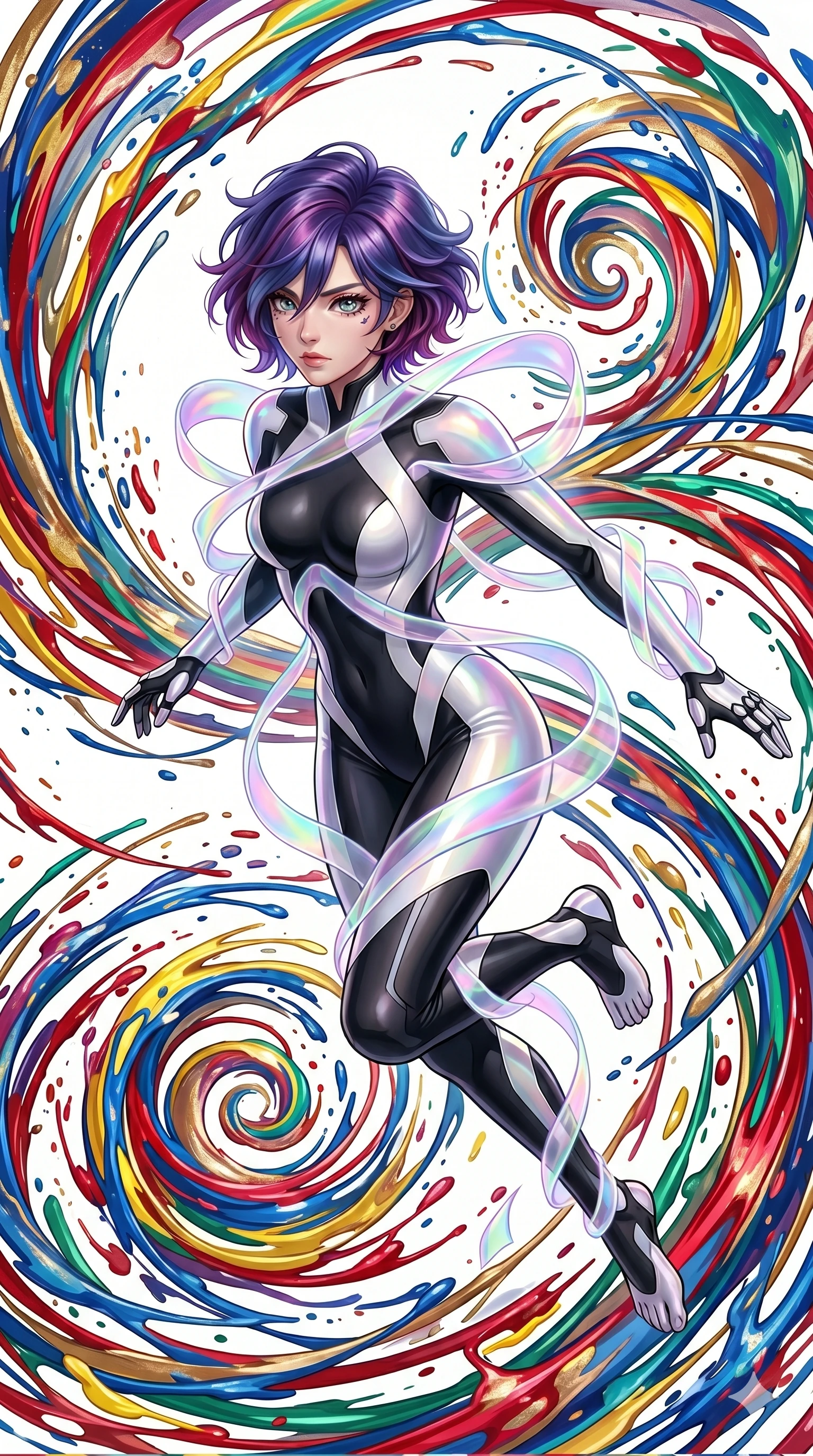 score_9, masterpiece, best quality, ultra-detailed, high-budget anime keyframe, Caucasian woman, strictly human ears. upper body close-up from the thighs up, character filling the screen for maximum presence. leaping into a vorticist paint splatter dimension where thousands of vivid acrylic paint ribbons and splatters swirl around her in a white gallery void. She has an absolutely perfect 8-heads proportion, an exceptionally tall and slender female figure with impossibly long slender legs and an ultra-slim waist. V-shaped jawline, high-bridge nose, intricate jewel-like eyes with depth, thick eyelashes, glossy lips with a natural sheen.. wearing a cybernetic bodysuit with a holographic ribbon, featuring a skin-tight contouring bodysuit wrapped in a translucent flowing holographic organza ribbon. enhanced by a luminous pastel spectrum glow, casting elegant rim lights on her shoulders and jawline. 2k, ultra detail, master piece, 9:16 ratio