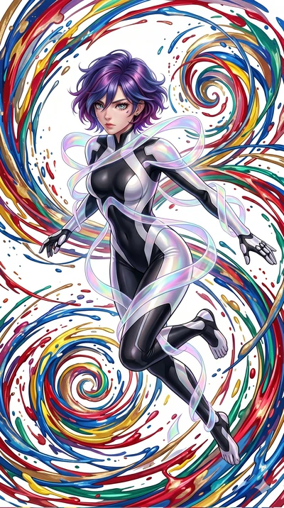 score_9, masterpiece, best quality, ultra-detailed, high-budget anime keyframe, Caucasian woman, strictly human ears. upper body close-up from the thighs up, character filling the screen for maximum presence. leaping into a vorticist paint splatter d