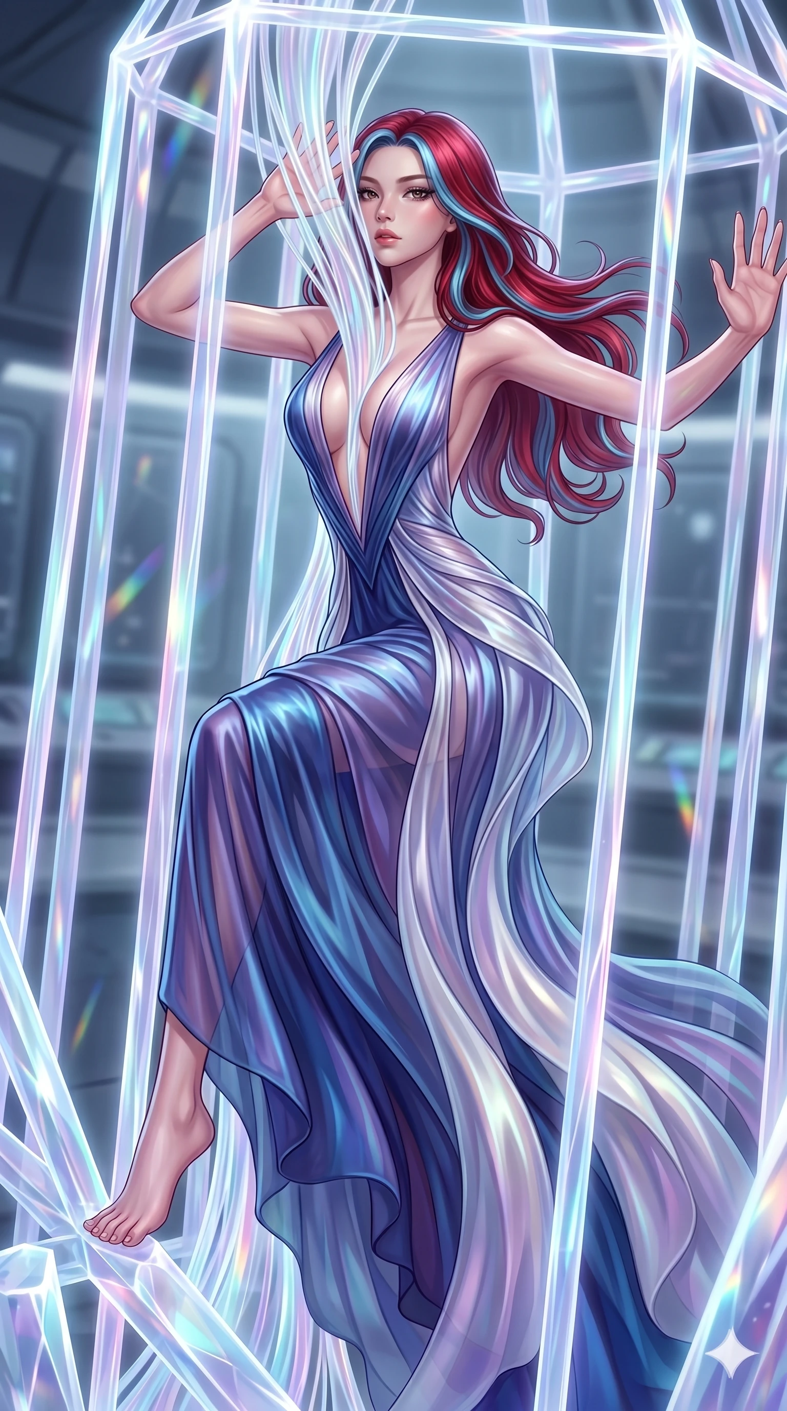 score_9, masterpiece, best quality, ultra-detailed, High-budget Anime Keyframe, East Asian woman. Dynamic full-body shot stretching the vertical silhouette to the limit. Scenario 152: Trapped in a cage of glowing crystalline fibers, body pressing against the bars. Her presence is magnetic and overpowering in this high-budget anime scene. Outfit 152: A molten liquid silk second with a plunging V-neckline and translucent layers. The clothing is designed to emphasize her exceptionally tall and slender 8-heads proportion. 8-heads proportion, towering silhouette, ultra-slim waist. sharp v-shaped jawline, intricate jewel-like eyes with depth, thick eyelashes, glossy lips. 2k, ultra detail, master piece, 9:16 ratio