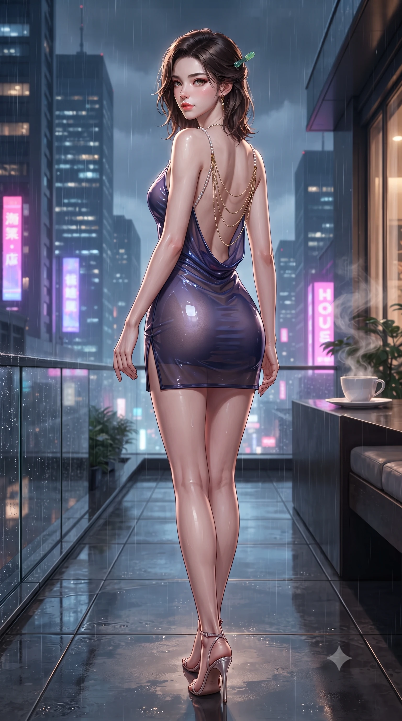 score_9, masterpiece, best quality, ultra-detailed, high-budget anime keyframe, editorial fashion photography, tasteful artistic composition, Korean woman. low angle full-body shot from head to toe showing her feet, filling the entire 9:16 vertical frame with her statuesque presence, stretching her vertical silhouette. walking along the terrace with poise, looking back over her bare shoulder with an irresistible smoldering bedroom-gaze while twisting her slender torso in an alluring contrapposto stance, rising tea steam and rainy neon skyscraper reflections framing her curves. The surrounding environment is rendered in vivid detail and crisp panoramic clarity: detailed modern cheongsam-inspired sheer mesh dress tailoring, jade hairpin gleam, and precision interior craft in razor-sharp precision. She has an absolutely perfect, statuesque 8.5-heads proportion, an exceptionally tall and slender model-like female figure with impossibly long slender legs, an ultra-slim waist, a flat toned midriff, narrow delicate ribcage, and beautifully sculpted feminine hips creating a graceful, slim hourglass silhouette without any bulky heaviness. sharp v-shaped jawline, high-bridge nose, sparkling eyes with hypnotic seductive depth, thick curled eyelashes, glossy parted lips with a natural dewy peach sheen, alluring bedroom-eyes with an enchanting coquettish smile, exuding magnetic siren charisma and sophisticated glamour, flawlessly proportioned anatomical accuracy, strict slender model proportions, natural body alignment, perfectly sculpted long slender limbs, ultra-slim waistline, clean dynamic posture without body distortion. wearing a low-cut draped cowl-back satin slip mini dress with dainty pearl spaghetti straps in twilight lavender and midnight indigo, crafted from wet-look high-gloss vinyl fabric with dazzling specular surface reflections, accented with an open-back drape framed by falling strands of delicate gold chains, the precision-cut side openings and low-back scoop framing her graceful spine and the sensual sweep of her slim, toned hips. illuminated by lacquer floor reflection bounce and sharp warm-gold rim lights sculpting her jawline, ultra-slim waist, and curvy hips. ultra-reflective glossy finish, specular highlights, rich textural contrasts, high-contrast stereoscopic depth, volumetric dynamic lighting, 2k, ultra detail, master piece, 9:16 ratio