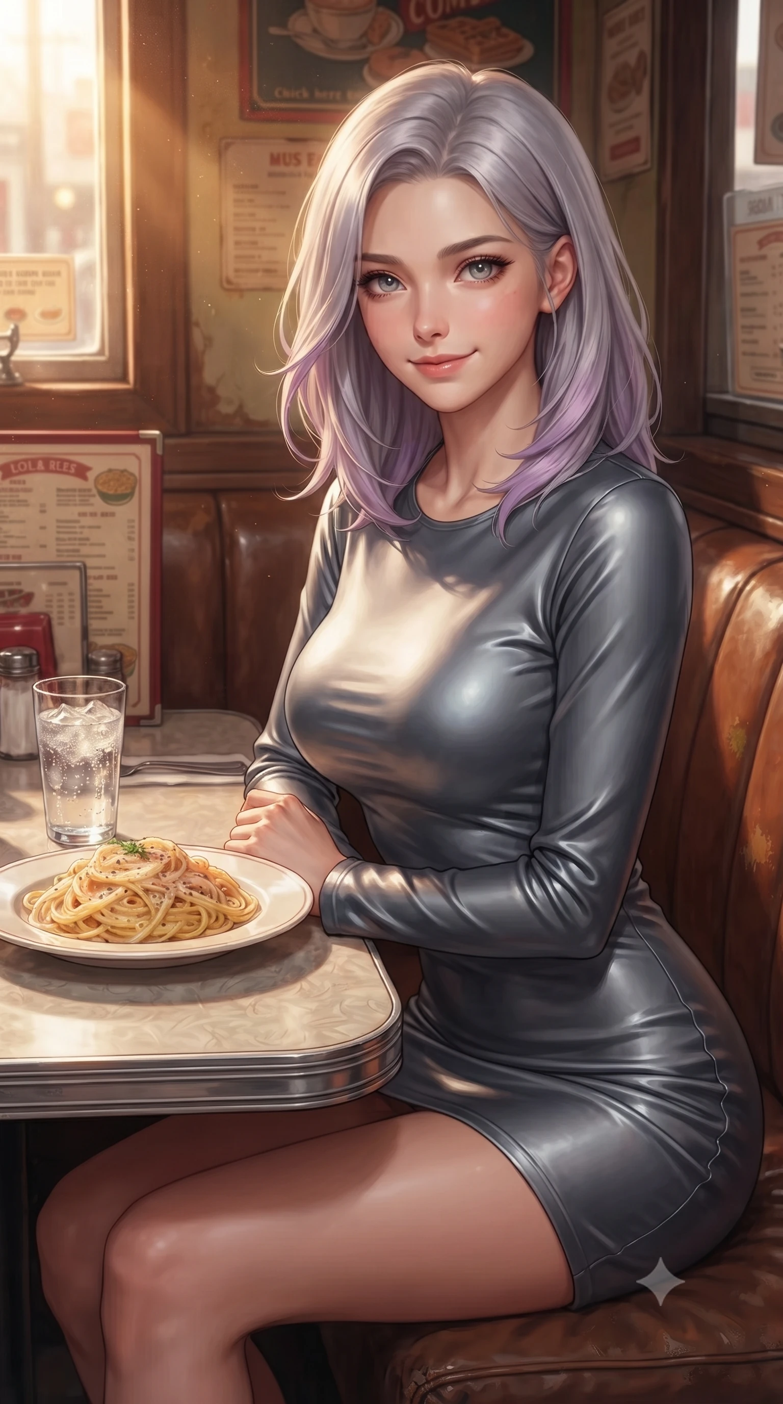 score_9, masterpiece, best quality, ultra-detailed, high-budget anime keyframe, editorial fashion photography, tasteful artistic composition, Caucasian woman. close-up cowboy shot from the waist and thighs up, the character dominates the composition, filling the frame with her large presence, background elements kept in soft focus. gazing at the camera with a warm, lovely smile and cute, friendly eye contact set against a soft-focus background of in a cozy traditional diner corner with leather booths and vintage menus with a plate of delicious pasta and a glass of sparkling water on the table. She has an exceptionally elegant, slender, and willowy female figure with an ultra-slim waist, a gracefully sculpted slender torso, and a refined silhouette. sharp v-shaped jawline, high-bridge nose, intricate jewel-like eyes with depth, thick eyelashes, glossy lips with a natural sheen. wearing body-hugging body-hugging long-sleeve silk dress in slate grey, following her form elegantly. crisp morning sun rays creating a fresh and energetic breakfast atmosphere. ultra-reflective glossy finish, specular highlights, metallic sheen, high-contrast stereoscopic depth, volumetric dynamic lighting, 2k, ultra detail, master piece, 9:16 ratio