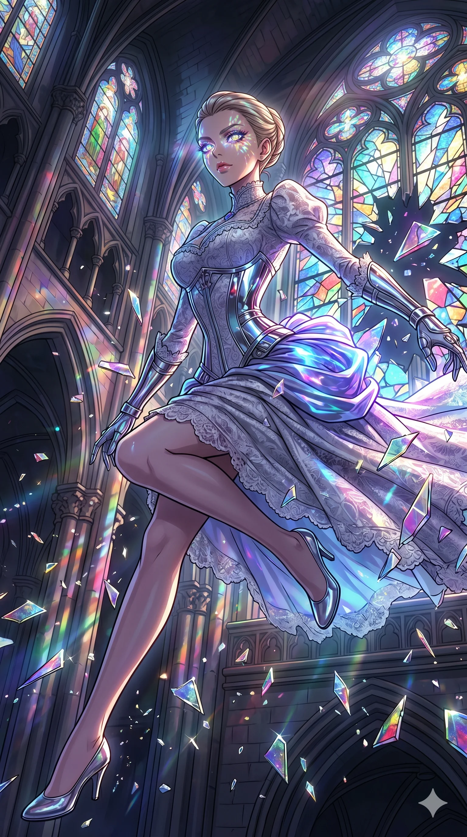 score_9, masterpiece, best quality, ultra-detailed, Set A: High-budget Anime Keyframe, Caucasian (strictly human ears) woman. Low angle cowboy shot filling the entire 9:16 frame with her statuesque presence. Leaping through a shattered glass cathedral, while her eyes glow with 120 different colors and surrounded by shattered glass fragments. She has an absolutely perfect 8-heads proportion, an exceptionally tall and slender female figure with impossibly long slender legs and an ultra-slim waist. Sharp v-shaped jawline, high-bridge nose, intricate jewel-like eyes with depth, thick eyelashes, glossy lips with a natural sheen. Wearing Victorian-style lace gown with a futuristic glowing bustle and chrome accents. Cinematic lighting, vibrant colors, dramatic shadows, 2k, ultra detail, master piece, 9:16 ratio