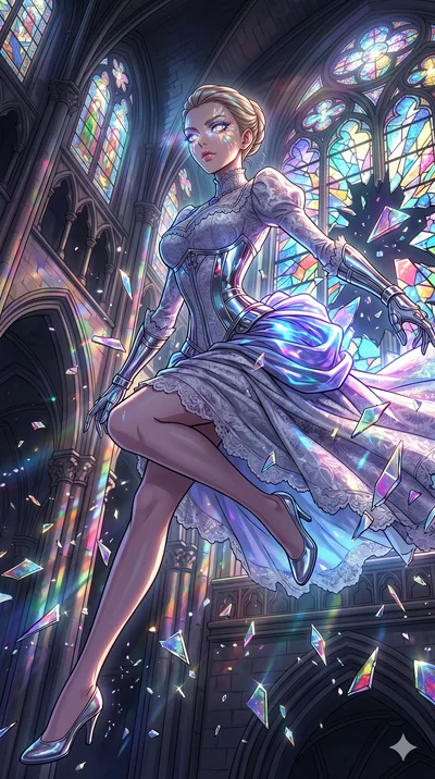 score_9, masterpiece, best quality, ultra-detailed, Set A: High-budget Anime Keyframe, Caucasian (strictly human ears) woman. Low angle cowboy shot filling the entire 9:16 frame with her statuesque presence. Leaping through a shattered glass cathedra