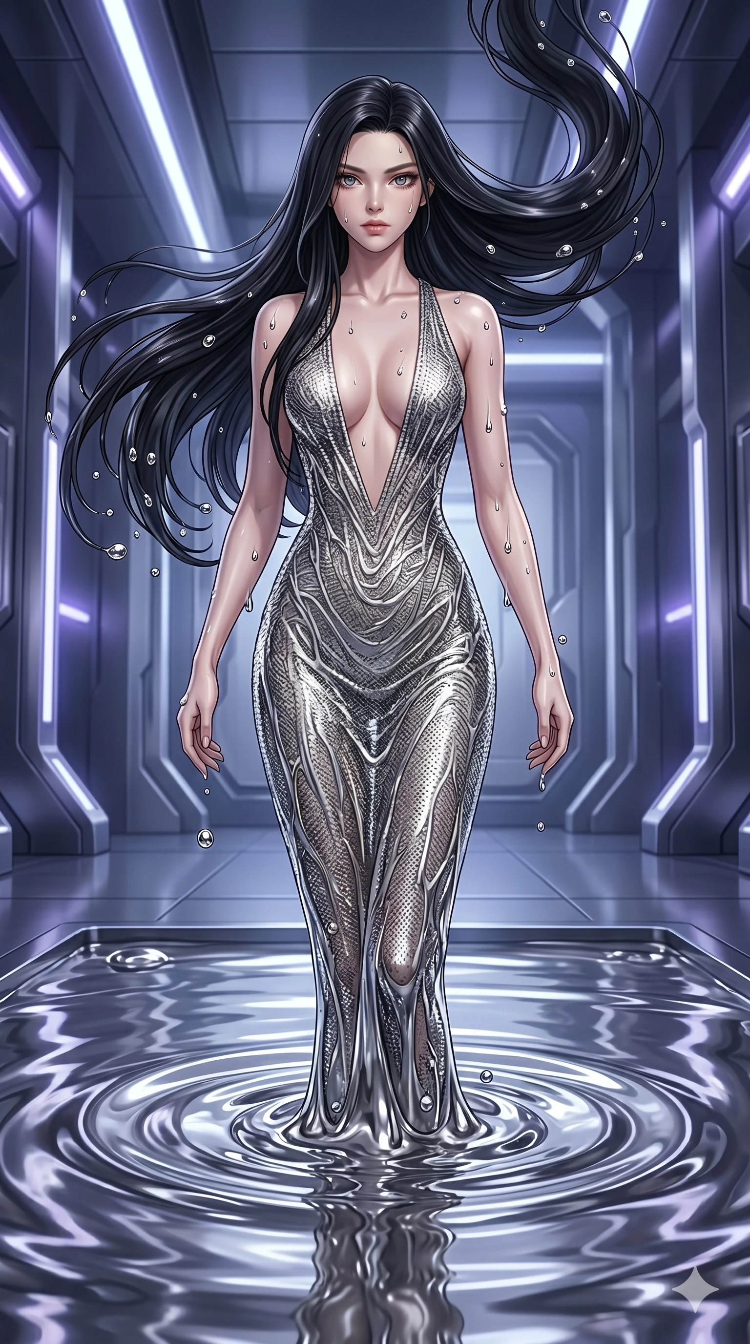 score_9, masterpiece, best quality, ultra-detailed, High-budget Anime Keyframe, East Asian woman. Dynamic full-body shot stretching the vertical silhouette to the limit. Scenario 144: Rising from a pool of mercury-like liquid, droplets rolling off her skin. Her presence is magnetic and overpowering in this high-budget anime scene. Outfit 144: A molten liquid silk micro-mesh with a plunging V-neckline and wet-look texture. The clothing is designed to emphasize her exceptionally tall and slender 8-heads proportion. 8-heads proportion, towering silhouette, ultra-slim waist. sharp v-shaped jawline, intricate jewel-like eyes with depth, thick eyelashes, glossy lips. 2k, ultra detail, master piece, 9:16 ratio