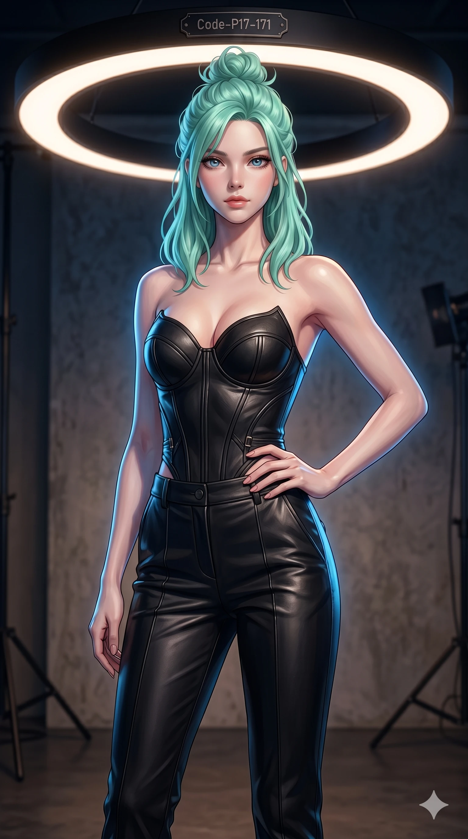 score_9, masterpiece, best quality, ultra-detailed, high-budget anime keyframe, editorial fashion photography, tasteful artistic composition, Japanese woman. cowboy shot from the thighs up, character and outfit filling the frame for maximum editorial presence. resting her hand on her hip, standing gracefully slightly in a photo studio with a ring light (Code-P17-171). She has an absolutely perfect 8-heads proportion, an exceptionally tall and slender female figure with impossibly long slender legs and an ultra-slim waist. V-shaped jawline, high-bridge nose, intricate jewel-like eyes with depth, thick eyelashes, glossy lips with a natural sheen. wearing a leather structured bodice with sweetheart neckline revealing sculpted contours. cool blue Earthlight mixed with warm indoor lighting, tracing the contours of her body. 2k, ultra detail, master piece, 9:16 ratio