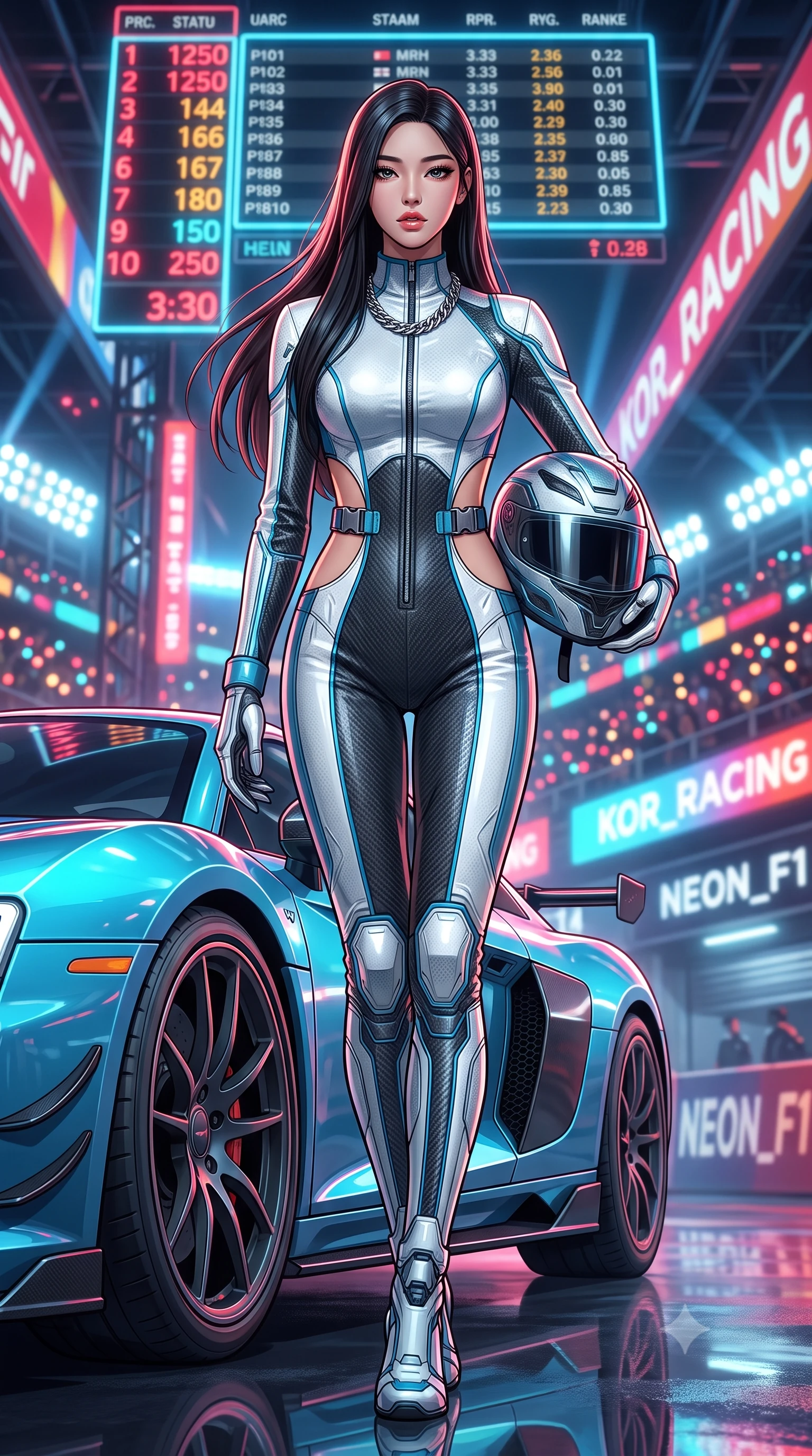 score_9, masterpiece, best quality, ultra-detailed, high-budget anime keyframe, editorial fashion photography, tasteful artistic composition, Korean woman. low angle full-body shot from head to toe showing her feet, filling the entire 9:16 vertical frame with her statuesque presence, stretching her vertical silhouette. striding forward in a proud, dynamic supermodel runway stride, hips swaying in an alluring kinetic rhythm that stretches her silhouette while leaning deep against the driver's side door with hips cocked, helmet resting against her hip, smoldering gaze locking onto the lens. The composition keeps background elements in soft focus with creamy bokeh. flashing neon pitlane status boards and distant crowd stadium lights blurred into blazing crimson, electric cyan, and amber bokeh. She has an absolutely perfect, statuesque 8.5-heads proportion, an exceptionally tall and slender model-like female figure with impossibly long slender legs, a toned flat midriff, and an ultra-slim waist. sharp v-shaped jawline, high-bridge nose, intricate jewel-like eyes with depth, thick eyelashes, glossy parted lips with a natural sheen, intensely captivating and seductive expression, flawlessly proportioned anatomical accuracy, strict slender model proportions, natural body alignment, perfectly sculpted long slender limbs, ultra-slim waistline, clean dynamic posture without body distortion. wearing a high-collar leather speedsuit featuring bold side-torso cutouts and quick-release titanium buckles in racing aqua blue and stark white, crafted from flexible ballistic matte leather and aerodynamic stretch neoprene, accessorized with a chunky chrome chain necklace and cyber-visor goggles on her brow, the sleek tactical cut tightly hugging her graceful clavicle, narrow waist, and athletic curves with statuesque precision. bathed in high-intensity xenon hypercar headlights and neon pitlane floodlights. ultra-reflective glossy finish, specular highlights, rich textural contrasts, high-contrast stereoscopic depth, volumetric dynamic lighting, 2k, ultra detail, master piece, 9:16 ratio