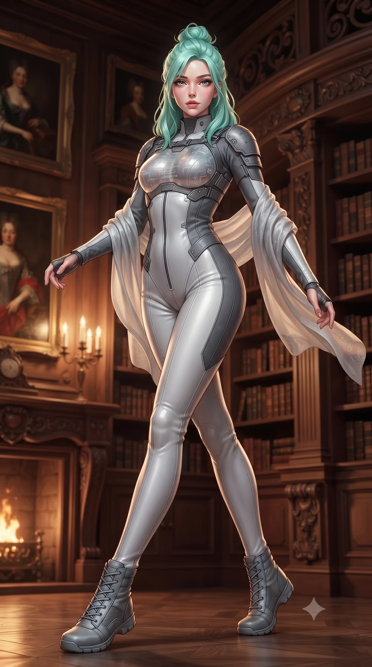 score_9, masterpiece, best quality, ultra-detailed, high-budget anime keyframe, editorial fashion photography, tasteful artistic composition, Japanese woman. low angle full-body shot from head to toe showing her feet, filling the entire 9:16 vertical frame with her statuesque presence, stretching her vertical silhouette. pivoting dynamically with supreme athletic balance and poise, her impossibly long slender legs creating a breathtaking line while slipping through a secret revolving bookcase door from the grand library with sovereign stealth and fluid grace. The composition keeps background elements in soft focus with creamy bokeh. antique oil paintings and carved baroque wooden library shelves softened in romantic shallow focus. She has an absolutely perfect, statuesque 8.5-heads proportion, an exceptionally tall and slender model-like female figure with impossibly long slender legs, a toned flat midriff, and an ultra-slim waist. sharp v-shaped jawline, high-bridge nose, intricate jewel-like eyes with depth, thick eyelashes, glossy lips with a natural sheen, captivating and magnetic expression, flawlessly proportioned anatomical accuracy, strict slender model proportions, natural body alignment, perfectly sculpted long slender limbs, ultra-slim waistline, clean dynamic posture without body distortion. wearing a sleek tailored stealth catsuit with transparent armor breastplate and tactical shoulder pauldrons in winter stealth arctic white and slate grey, tailored from water-resistant treated wool gabardine and flexible Kevlar, finished with a gossamer silk shawl draped loosely over her elbows, the sleek tailored cut tightly hugging her graceful clavicle, narrow waist, and feminine curves with statuesque precision. bathed in romantic warm candelabra glow and dramatic fireplace ember uplights. ultra-reflective glossy finish, specular highlights, rich textural contrasts, high-contrast stereoscopic depth, volumetric dynamic lighting, 2k, ultra detail, master piece, 9:16 ratio