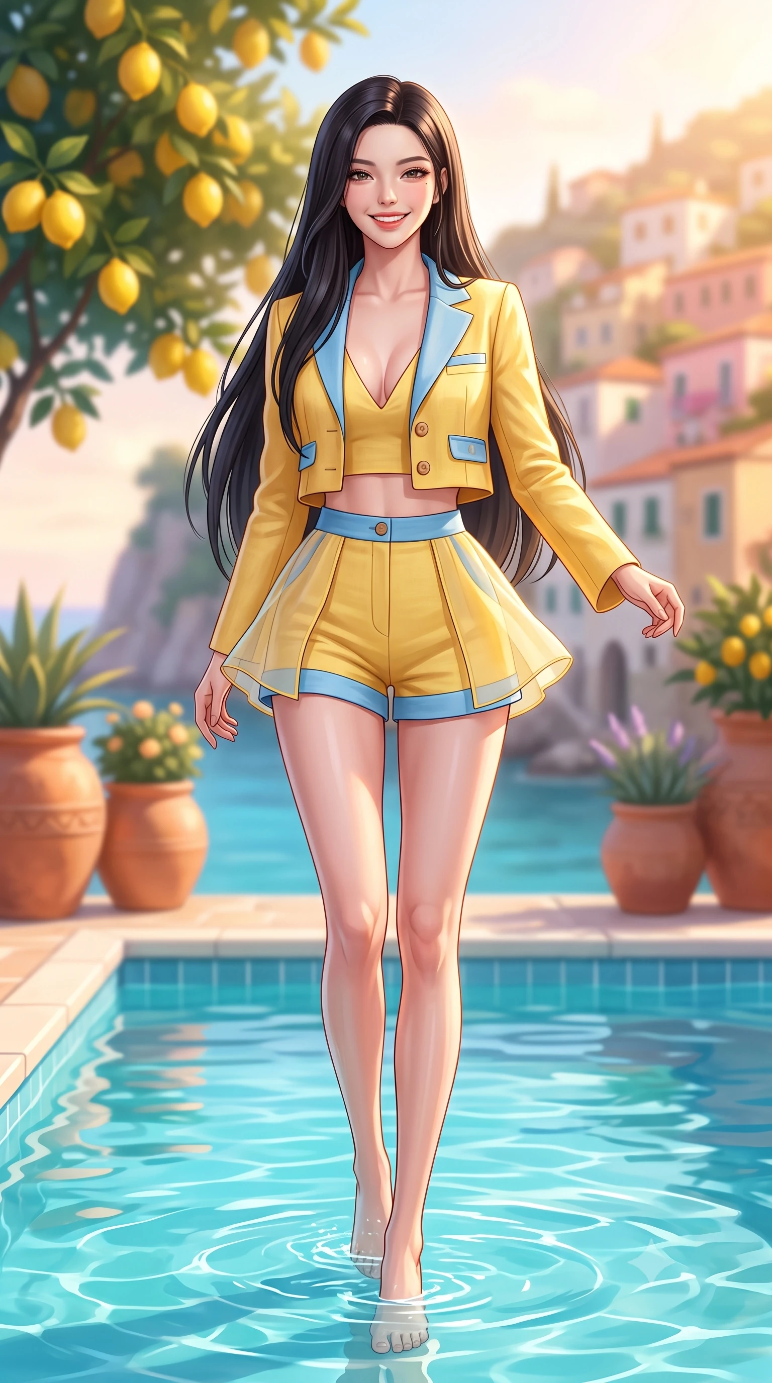 score_9, masterpiece, best quality, ultra-detailed, high-budget anime keyframe, semi-realistic 3D game render, editorial fashion photography, tasteful artistic composition, Korean woman. low angle full-body shot from head to toe showing her feet, filling the entire 9:16 vertical frame with her statuesque presence, stretching her vertical silhouette. stepping forward gracefully in mid-motion with a radiant beaming smile, hips swaying in an alluring kinetic rhythm that accentuates her curvy hourglass silhouette and long slender legs while wading lightly through the crystal turquoise pool with hips cocked back, looking over her shoulder with an alluring, sun-kissed bedroom-gaze. The composition keeps background elements in soft focus with dreamy creamy bokeh. fragrant yellow lemons and terracotta planters softened in glamorous Italian shallow focus. She has an exceptionally tall and slender model-like 8.5-heads proportion, an ultra-slim waist, a flat toned midriff, narrow delicate ribcage, and beautifully sculpted feminine hips creating a graceful, slim hourglass silhouette without any bulky heaviness, with impossibly long slender legs. sharp v-shaped jawline, high-bridge nose, intricate jewel-like sparkling eyes with depth, thick eyelashes, glossy parted lips with a natural peach sheen, bright cheerful beaming smile with an enchanting and coquettish sensual glint, exuding both youthful cute charm and seductive allure, flawlessly proportioned anatomical accuracy, strict slender model proportions, natural body alignment, perfectly sculpted long slender limbs, ultra-slim waistline, clean dynamic posture without body distortion. wearing a chic cropped linen blazer worn with a plunging-V camisole and high-waisted tailored hot-pants showcasing her long slender legs in sunny daffodil yellow and clear sky blue, woven from layered gossamer organza with weightless flutter, finished with neat front wooden buttons and delicate pocket details, the glove-like silhouette tightly following the natural contour of her hips and long slender legs with youthful 8.5-heads elegance. bathed in glorious golden hour Mediterranean sunset backlighting reflecting off pastel cliffside houses. highly saturated vibrant anime colors, detailed shading with soft gradients, rich glossy textures, high-contrast stereoscopic depth, volumetric dynamic lighting, master piece, 9:16 ratio