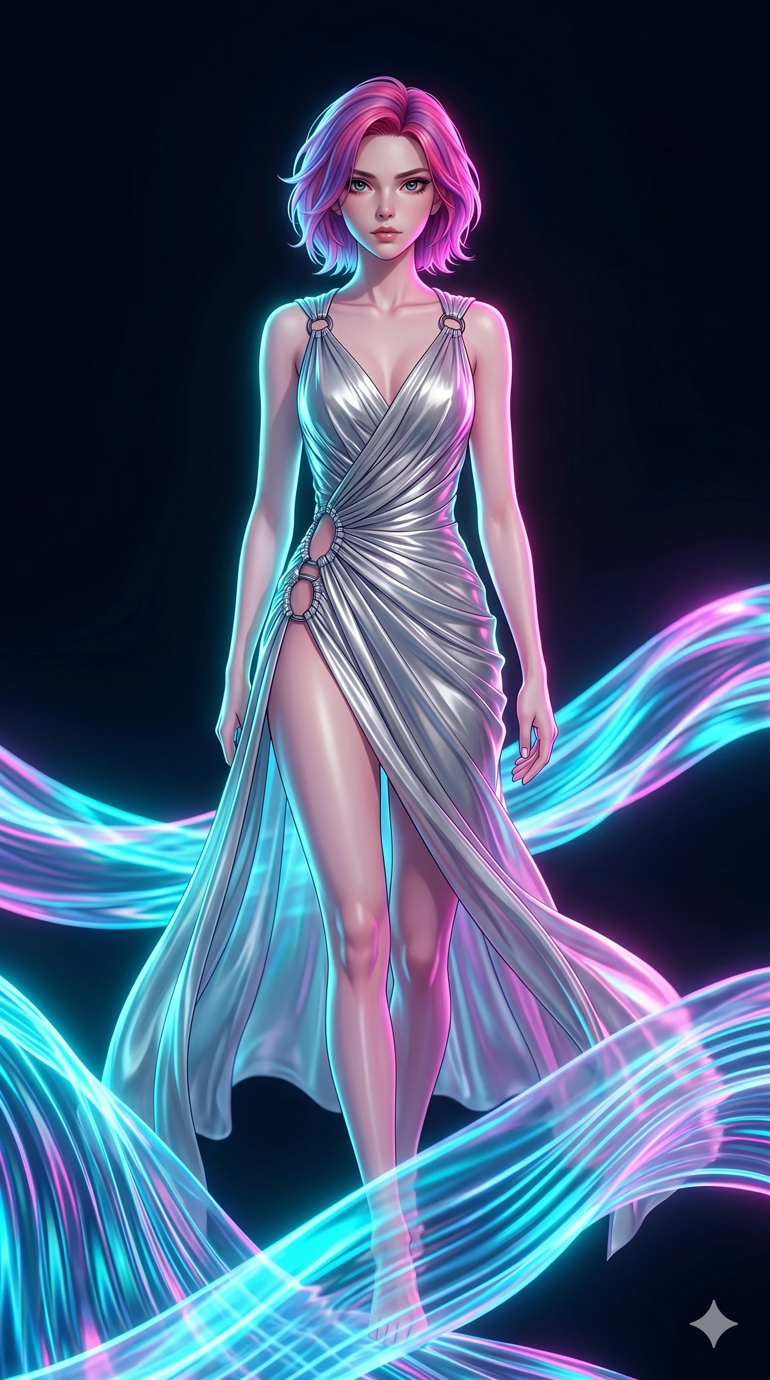 score_9, masterpiece, best quality, ultra-detailed, high-budget anime keyframe, Japanese woman. upper body close-up from the thighs up, character filling the screen for maximum presence. stepping on holographic fluid ribbons of sound that ripple with cyan and magenta light in a dark virtual void. She has an absolutely perfect 8-heads proportion, an exceptionally tall and slender female figure with impossibly long slender legs and an ultra-slim waist. V-shaped jawline, high-bridge nose, intricate jewel-like eyes with depth, thick eyelashes, glossy lips with a natural sheen.. wearing a draped Grecian cyber-gown, featuring draped silver metallic chiffon held by metal ring hardware, displaying a high-leg line. bathed in brilliant cinematic volumetric lighting and intense neon rim light highlighting her slender form. 2k, ultra detail, master piece, 9:16 ratio