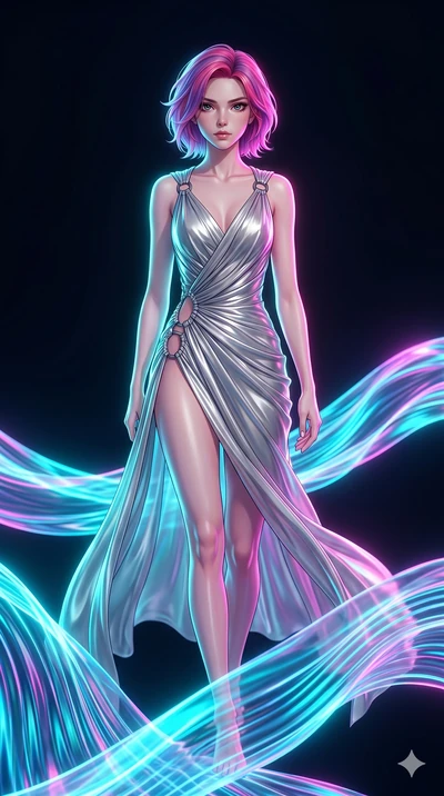 score_9, masterpiece, best quality, ultra-detailed, high-budget anime keyframe, Japanese woman. upper body close-up from the thighs up, character filling the screen for maximum presence. stepping on holographic fluid ribbons of sound that ripple with