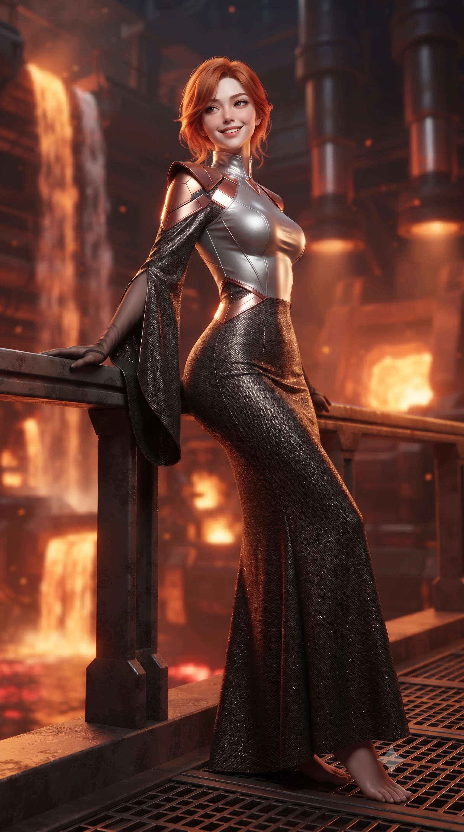 score_9, masterpiece, best quality, ultra-detailed, high-budget anime keyframe, editorial fashion photography, tasteful artistic composition, Korean woman. low angle full-body shot from head to toe showing her feet, filling the entire 9:16 vertical frame with her statuesque presence, stretching her vertical silhouette. leaning deep against the balcony balustrade with hips cocked back in an unapologetically alluring high-fashion stance, casting an intoxicating glance while twisting her slender torso in an alluring contrapposto stance beside the slag skimming crane, incandescent crimson magma light caressing her narrow waist and curvy hips. The background shows a soft-focus cascading waterfalls of molten liquid slag, glowing orange forge furnaces, and massive hydraulic piston exhausts blurred into amber, copper, and ruby bokeh. She has an exceptionally tall and slender model-like 8.5-heads proportion, an ultra-slim waist, a flat toned midriff, narrow delicate ribcage, and beautifully sculpted feminine hips creating a graceful, slim hourglass silhouette without any bulky heaviness, with impossibly long slender legs. sharp v-shaped jawline, high-bridge nose, intricate jewel-like sparkling eyes with depth, thick eyelashes, glossy parted lips with a natural peach sheen, bright cheerful beaming smile with an enchanting and coquettish sensual glint, exuding both youthful cute charm and seductive allure, flawlessly proportioned anatomical accuracy, strict slender model proportions, natural body alignment, perfectly sculpted long slender limbs, ultra-slim waistline, clean dynamic posture without body distortion. wearing an elegant high-neck diplomatic sci-fi gown made of bioluminescent silver silk with structured geometric shoulder plates and long flowing sleeves in high-gloss rose-gold and burnished copper, tailored from high-density tech-wool with subtle metallic thread weave, complemented by sheer opera-length evening gloves tracing her slender arms, the bespoke structured tailoring following the natural line of her 8.5-heads silhouette with refined elegance. illuminated by molten slag reflection bounce and sharp copper-gold rim lights sculpting her razor-sharp jawline, narrow waist, and curvy hips. ultra-reflective glossy finish, specular highlights, rich textural contrasts, high-contrast stereoscopic depth, volumetric dynamic lighting, 2k, ultra detail, master piece, 9:16 ratio