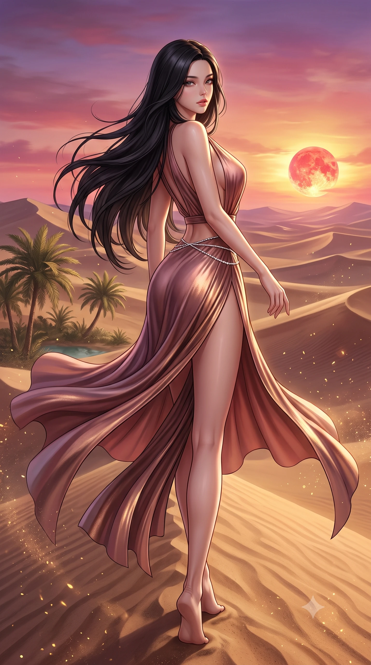score_9, masterpiece, best quality, ultra-detailed, high-budget anime keyframe, semi-realistic 3D game render, editorial fashion photography, tasteful artistic composition, Korean woman. low angle full-body shot from head to toe showing her feet, filling the entire 9:16 vertical frame with her statuesque presence, stretching her vertical silhouette. executing an elegant mid-motion pivot turn as garments swirl around her slender limbs, glancing over her shoulder with an intoxicating bedroom-gaze while striding along the ridge of the desert sands, hips swaying in an alluring kinetic rhythm as the crimson sun sinks beneath the horizon. The surrounding environment is rendered in vivid detail and crisp panoramic clarity. detailed sunset horizon gradients, palm frond veins, and floating golden dust in high clarity. She has an absolutely perfect, statuesque 8.5-heads proportion, an exceptionally tall and slender model-like female figure with impossibly long slender legs, a toned flat midriff, an ultra-slim waist, and beautifully sculpted feminine hips. sharp v-shaped jawline, high-bridge nose, intricate jewel-like eyes with depth, thick eyelashes, glossy parted lips with a natural sheen, intensely captivating and seductive bedroom-eyes expression, flawlessly proportioned anatomical accuracy, strict slender model proportions, natural body alignment, perfectly sculpted long slender limbs, ultra-slim waistline, clean dynamic posture without body distortion. wearing a plunging-V neckline silk crepe gown with open side slits ascending to the high hip in dusky desert rose and liquid bronze, crafted from liquid-smooth metallic lamé that shifts radiance with every step, accented with a dainty diamond waist chain framing her sun-kissed midriff, the form-contouring material adhering flawlessly to her sculpted flat midriff and slender torso, emphasizing her long leg lines and perfectly proportioned willowy build. surrounded by an exotic, sovereign, and breathlessly captivating desert mirage queen aura. highly saturated vibrant anime colors, detailed shading with soft gradients, rich glossy textures, high-contrast stereoscopic depth, volumetric dynamic lighting, master piece, 9:16 ratio
