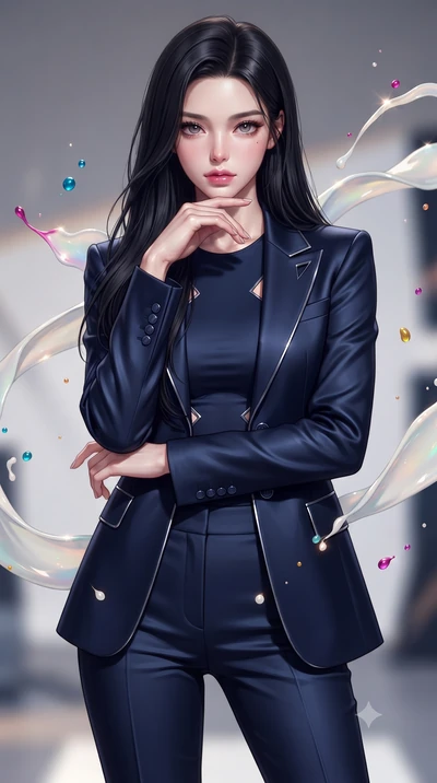score_9, masterpiece, best quality, ultra-detailed, high-budget anime keyframe, editorial fashion photography, tasteful artistic composition, Korean woman. close-up cowboy shot from the waist and thighs up, the character dominates the composition, fi