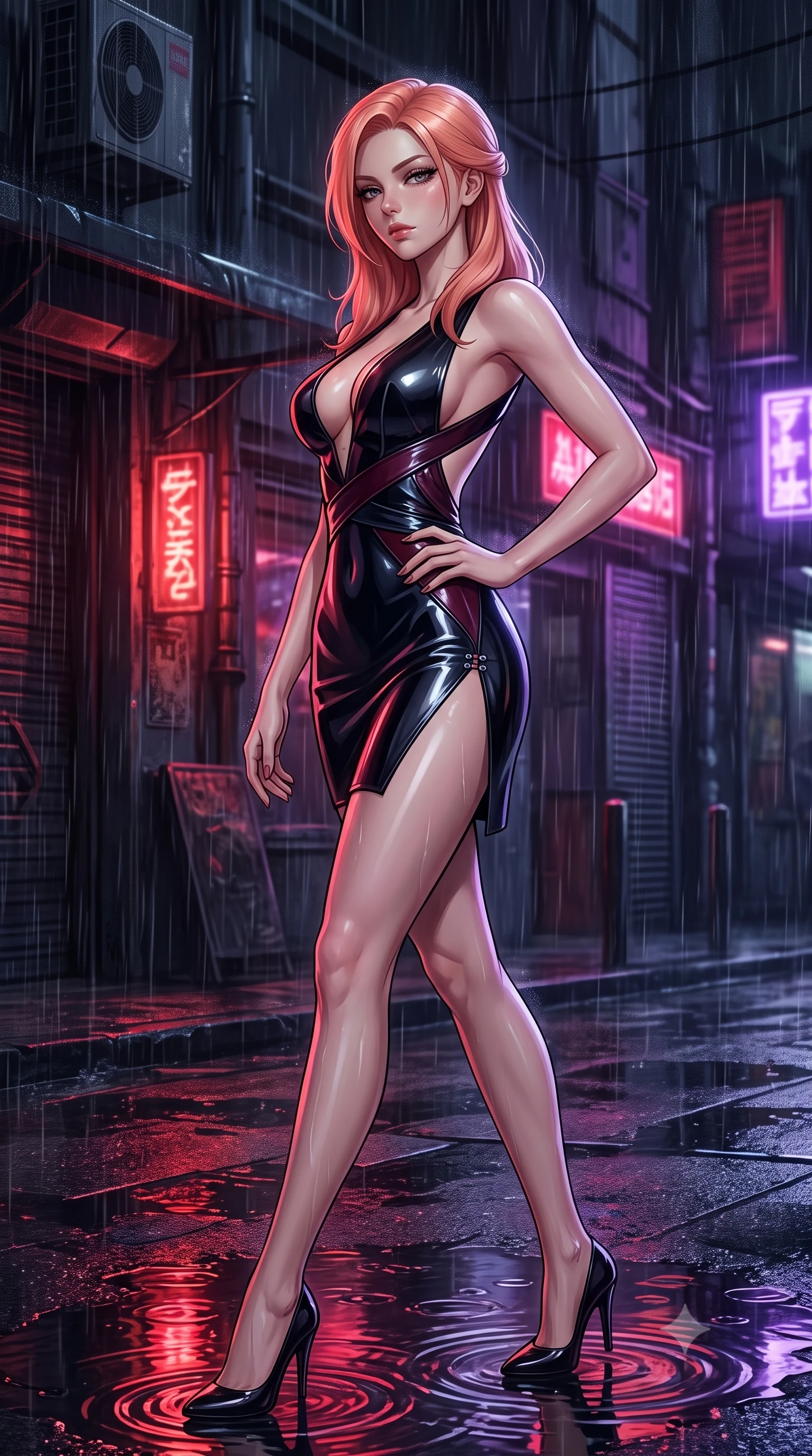 score_9, masterpiece, best quality, ultra-detailed, high-budget anime keyframe, semi-realistic 3D game render, editorial fashion photography, tasteful artistic composition, Japanese woman. close-up cowboy shot from the waist and thighs up, the character dominates the composition, filling the frame with her large presence. twisting her upper body in a dynamic S-curve with an alluring smolder, one hand resting on her hip while gazing through heavy lashes with haughty, seductive disdain while striding commanding through heavy midnight rain as puddle reflections of red and violet neon ripple beneath her heels. The surrounding environment is rendered in vivid detail and crisp panoramic clarity. high-contrast noir chiaroscuro and atmospheric cyberpunk urban textures captured with precision. She has an exceptionally elegant, slender, and willowy female figure with an ultra-slim waist, a gracefully sculpted slender torso, toned flat midriff, and a refined slim silhouette. sharp v-shaped jawline, high-bridge nose, intricate jewel-like eyes with depth, thick eyelashes, glossy lips with a natural sheen, flawlessly proportioned anatomical accuracy, strict slender model proportions, natural body alignment, perfectly sculpted long slender limbs, ultra-slim waistline, clean dynamic posture without body distortion. wearing a second-skin midnight black latex mini dress with a dramatic open-back design wrapping around her waist and a plunging neckline in deep burgundy wine and specular dark chrome, crafted from ultra-reflective second-skin latex with a high-gloss glass-like polish, finished with an ultra-high side slit secured by miniature magnetic clasps, the form-contouring material adhering flawlessly to her sculpted flat midriff and slender torso, emphasizing her long leg lines and perfectly proportioned willowy build. surrounded by a dangerous, gritty, and intensely provocative femme-fatale noir aura. rich saturated anime colors with deep moody shadows, detailed chiaroscuro shading with soft gradients, rich glossy textures, high-contrast stereoscopic depth, volumetric dynamic shadow lighting, master piece, 9:16 ratio