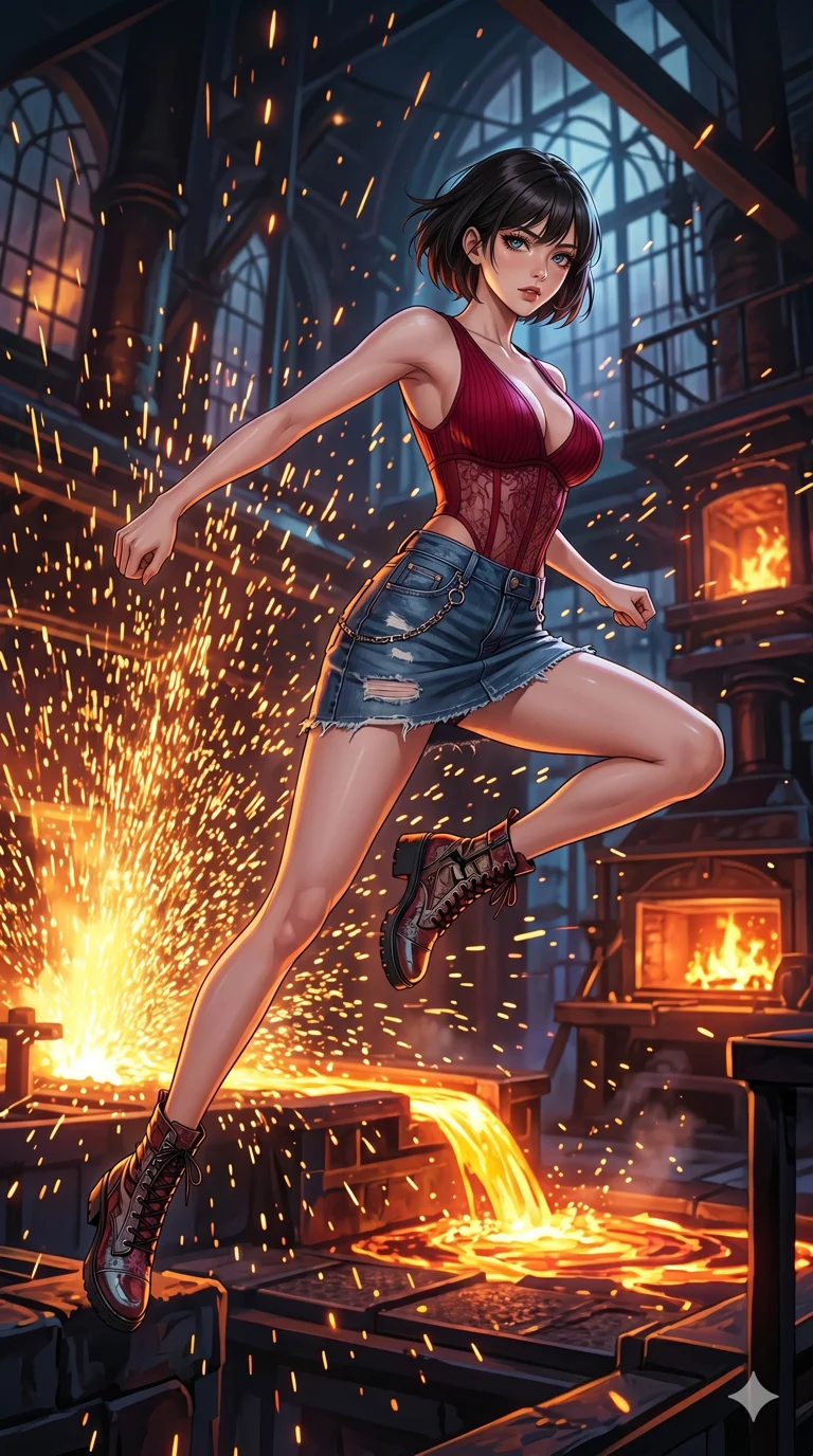 score_9, masterpiece, best quality, ultra-detailed, High-budget Anime Keyframe, beautiful Korean anime girl. Low angle cowboy shot filling the entire 9:16 frame with her statuesque presence. Leaping through a shower of sparks from a giant blacksmith's forge in an industrial palace. She has an absolutely perfect 8-heads proportion, an exceptionally tall and slender female figure with impossibly long slender legs and an ultra-slim waist. Sharp v-shaped jawline, high-bridge nose, intricate jewel-like eyes with depth, thick eyelashes, glossy lips with a natural sheen. Wearing an Urban Trendsetter outfit: deep-cut crimson bodycon dress with high-waist denim and a sheer corset. Background is a bright and colorful forge with glowing molten metal and thousands of orange sparks. 2k, ultra detail, master piece, 9:16 ratio
