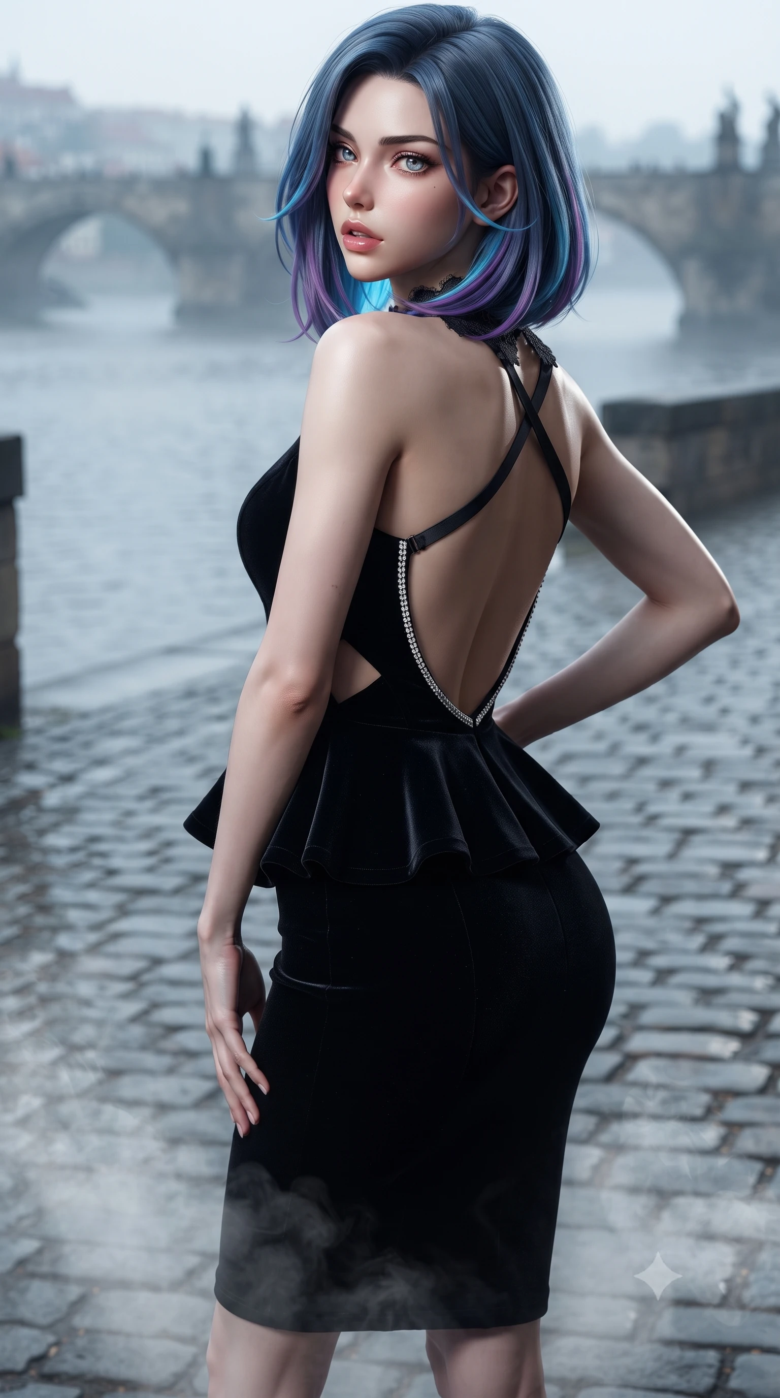 score_9, masterpiece, best quality, ultra-detailed, high-budget anime keyframe, editorial fashion photography, tasteful artistic composition, Caucasian woman. close-up cowboy shot from the waist and thighs up, the character dominates the composition, filling the frame with her large presence. posing in an alluring rear three-quarter angle, arching her lower back in a pronounced S-curve with one hand on her hip, glancing seductively over her bare shoulder with parted glossy lips while striding across the cobblestone terrace as Vltava river mist curls around her ankles, her velvet gown tightly hugging her feminine curves. The surrounding environment is rendered in vivid detail and crisp panoramic clarity. detailed velvet fabric pile sheen, lace collar embroidery, and river water ripple clarity in high resolution. She has an exceptionally elegant, slender, and willowy female figure with an ultra-slim waist, flat toned midriff, narrow ribcage, and sculpted feminine hips creating an alluring, slim hourglass silhouette without bulk. sharp v-shaped jawline, high-bridge nose, intricate jewel-like eyes with depth, thick eyelashes, glossy parted lips with a natural sheen, intensely captivating and seductive bedroom-eyes expression, flawlessly proportioned anatomical accuracy, strict slender model proportions, natural body alignment, perfectly sculpted long slender limbs, ultra-slim waistline, clean dynamic posture without body distortion. wearing a modern peplum corset dress with side-waist diamond cutouts and an ultra-tight silhouette in pitch-black velvet with diamond crystal trim, formed from supple second-skin lambskin leather with specular sheen, finished with criss-cross back satin straps highlighting her graceful shoulder blades, the dramatically scooped open back descending to the base of her spine, accentuating her razor-sharp statuesque lines and slim hourglass silhouette. illuminated by crisp chiaroscuro rim lights defining her razor-sharp jawline, narrow waist, and curvy hips. ultra-reflective glossy finish, specular highlights, rich textural contrasts, high-contrast stereoscopic depth, volumetric dynamic lighting, 2k, ultra detail, master piece, 9:16 ratio