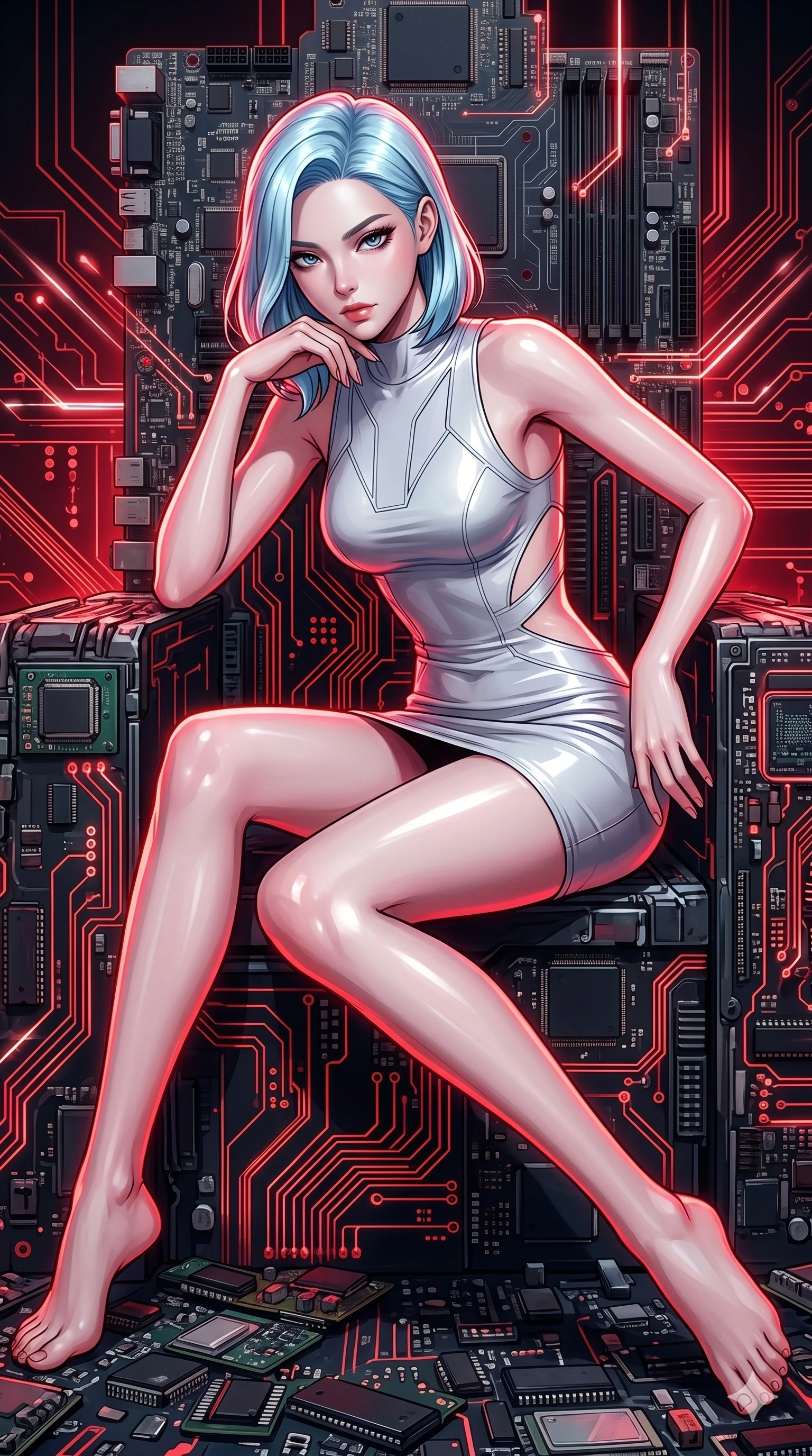 score_9, masterpiece, best quality, ultra-detailed, high-budget anime keyframe, Korean woman. Upper body close-up from the thighs up, character filling the screen for maximum presence. She is seated dynamically on a throne of calcified logic boards and glowing red circuits. She leans forward with a dangerous, enticing smolder, resting one elbow on her knee. She has an absolutely perfect 8-heads proportion, an exceptionally tall and slender female figure with impossibly long slender legs and an ultra-slim waist. V-shaped jawline, high-bridge nose, intricate jewel-like eyes with depth, thick eyelashes, glossy lips with a natural sheen. She is wearing a second-skin fashion-latex mini dress with a clean architectural front, featuring an open-back design that wraps around the sides of her waist, showcasing her slender silhouette. The scene is bathed in bright white studio flash light and sharp crimson rim lighting outlining her silhouette. 2k, ultra detail, master piece, 9:16 ratio