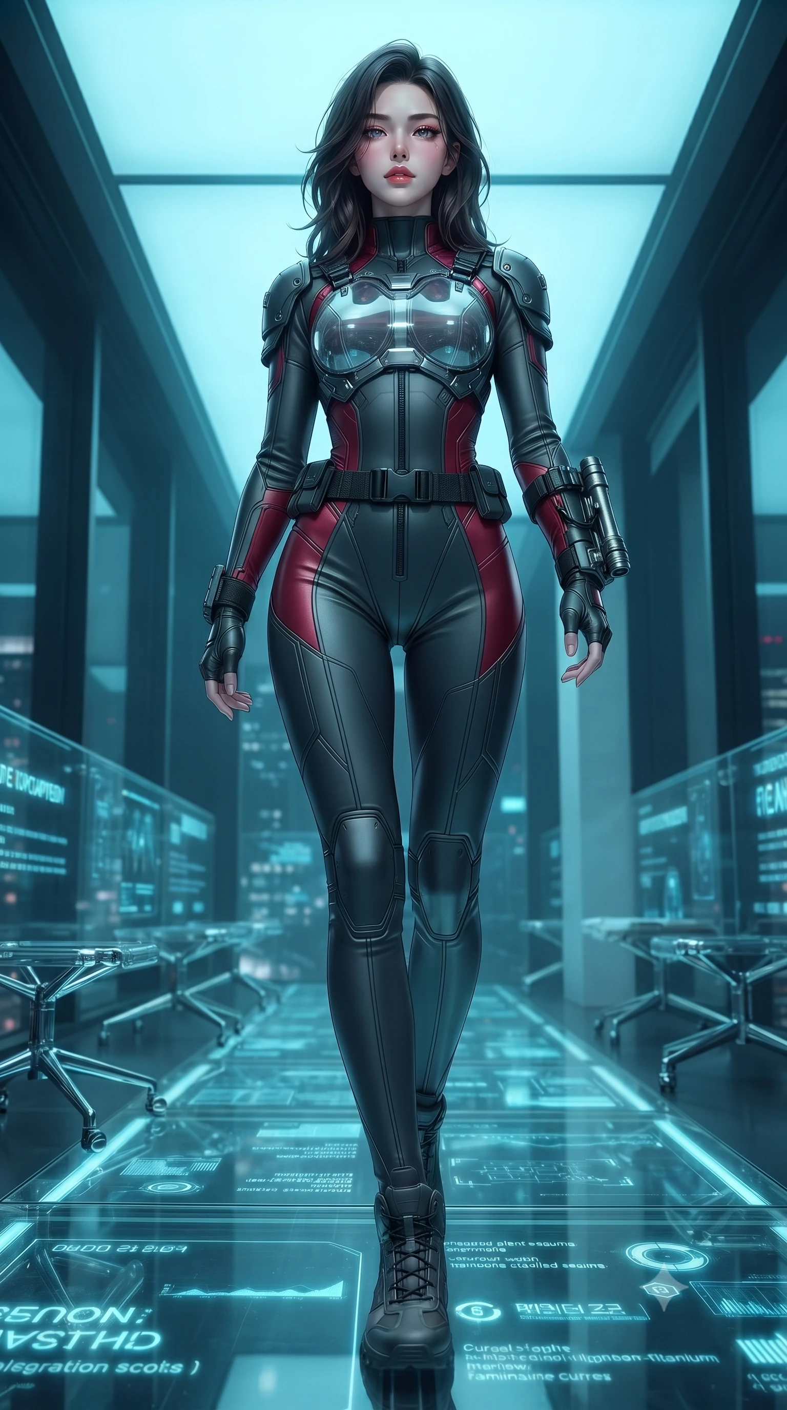 score_9, masterpiece, best quality, ultra-detailed, high-budget anime keyframe, editorial fashion photography, tasteful artistic composition, Korean woman. low angle full-body shot from head to toe showing her feet, filling the entire 9:16 vertical frame with her statuesque presence, stretching her vertical silhouette. striding forward in a proud, dynamic supermodel runway stride, her statuesque vertical silhouette commanding the entire frame while striding across the luminous glass walkway with silent tactical footsteps and authoritative commander presence. The surrounding environment is rendered in vivid detail and crisp panoramic clarity. crystal-clear transparent glass floor panels, glowing holographic typography, and chrome furniture joints in deep focus. She has an absolutely perfect, statuesque 8.5-heads proportion, an exceptionally tall and slender model-like female figure with impossibly long slender legs, a toned flat midriff, and an ultra-slim waist. sharp v-shaped jawline, high-bridge nose, intricate jewel-like eyes with depth, thick eyelashes, glossy lips with a natural sheen, captivating and magnetic expression, flawlessly proportioned anatomical accuracy, strict slender model proportions, natural body alignment, perfectly sculpted long slender limbs, ultra-slim waistline, clean dynamic posture without body distortion. wearing a sleek tailored stealth catsuit with transparent armor breastplate and tactical shoulder pauldrons in matte graphite and blood-crimson accents, crafted from lightweight carbon-titanium composite with precision beveled seams, equipped with a grappling cable spool mechanism and tactical waist belt, the sleek tailored cut tightly hugging her graceful clavicle, narrow waist, and feminine curves with statuesque precision. bathed in ambient cyan and ice-blue holographic screen glow combined with midnight city skylight. ultra-reflective glossy finish, specular highlights, rich textural contrasts, high-contrast stereoscopic depth, volumetric dynamic lighting, 2k, ultra detail, master piece, 9:16 ratio
