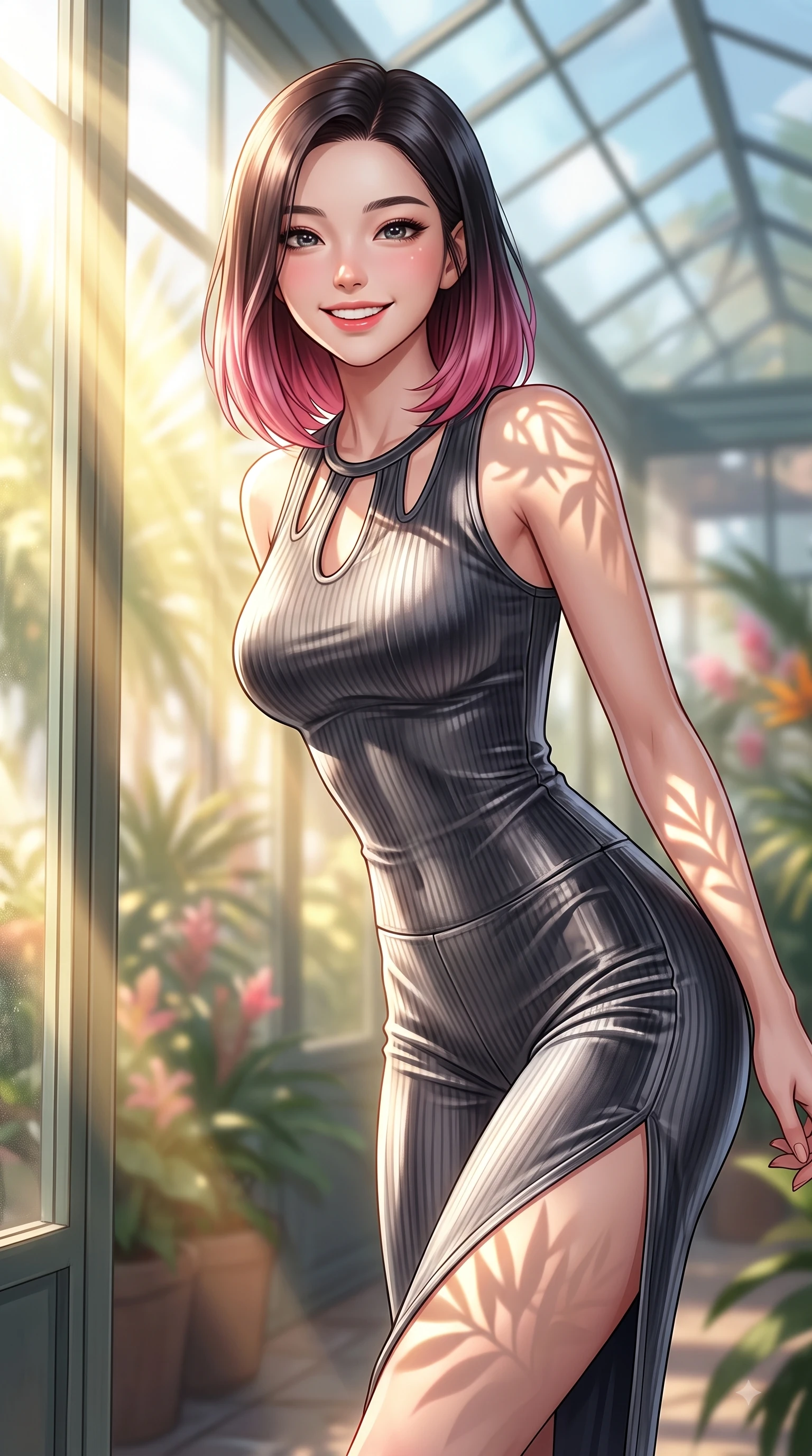 score_9, masterpiece, best quality, ultra-detailed, high-budget anime keyframe, editorial fashion photography, tasteful artistic composition, Korean woman. close-up cowboy shot from the waist and thighs up, the character dominates the composition, filling the frame with her large presence, background elements kept in soft focus. Cheerful beaming smile with sparkling eyes and a fresh girlhood aura, leaning forward with playful grace while resting near a sunlit glass wall as tropical sunbeams highlight her fresh youthful figure, intense volumetric sunbeams penetrating glass dome panes in bright golden rays. She has an exceptionally elegant, slender, and willowy female figure with an ultra-slim waist, a gracefully sculpted slender torso, and a refined silhouette. sharp v-shaped jawline, high-bridge nose, intricate jewel-like eyes with depth, thick eyelashes, glossy lips with a natural sheen, flawlessly proportioned anatomical accuracy, natural body alignment, perfectly sculpted elegant limbs, clean dynamic posture without body distortion. wearing a form-fitting ribbed activewear set with elegant collar cutouts in charcoal grey and platinum, made of premium stretch velvet with a rich sheen, finished with a sleek side slit ascending to mid-thigh, the sleek second-skin texture accentuating her magnetic presence. illuminated by clear sunbeams casting organic leaf stencil shadows across her skin. highly saturated vibrant anime colors, detailed shading with soft gradients, rich glossy textures, high-contrast stereoscopic depth, volumetric dynamic lighting, master piece, 9:16 ratio