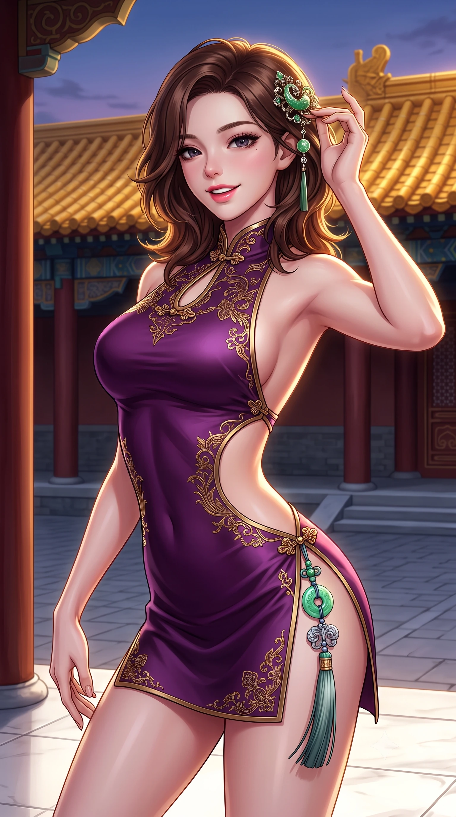 score_9, masterpiece, best quality, ultra-detailed, high-budget anime keyframe, semi-realistic 3D game render, editorial fashion photography, tasteful artistic composition, Korean woman. close-up cowboy shot from the waist and thighs up, the character dominates the composition, filling the frame with her large presence. tilting her head with an alluring smile while arching her spine with dancer poise, one hand touching her ornate jade hairpin in a flirtatious S-curve while twisting her slender torso in an alluring contrapposto stance, twilight golden rays reflecting off imperial yellow glazed roof tiles onto her curves. The surrounding environment is rendered in vivid detail and crisp panoramic clarity: detailed gold-threaded silk gown sheen, jewelry gleam, and classical Chinese imperial architecture in high resolution. She has an exceptionally elegant, slender, and willowy female figure with an ultra-slim waist, flat toned midriff, narrow ribcage, and sculpted feminine hips creating an alluring, slim hourglass silhouette without bulk. sharp v-shaped jawline, high-bridge nose, intricate jewel-like dark sparkling almond eyes with depth, thick lashes, glossy parted lips with a natural rose-plum sheen, bright alluring and coquettish smile with bedroom-eyes, exuding both timeless oriental elegance and sovereign high-fashion allure, flawlessly proportioned anatomical accuracy, strict slender model proportions, natural body alignment, perfectly sculpted long slender limbs, ultra-slim waistline, clean dynamic posture without body distortion. wearing a backless halter qipao mini dress with delicate frog-button closures and side waist cutouts framing her hourglass curves in rich plum violet and gilded bronze embroidery, made of supple second-skin stretch silk jersey clinging flawlessly to her form, finished with an ornate modern norigae tassel with polished jade and chrome charms resting on her curvy hips, the liquid-tight tailored silk fabric clinging flawlessly to her narrow waist and rounded feminine hips, emphasizing every millimeter of her sculpted slim hourglass curves without any bulky heaviness. illuminated by white marble ground bounce and sharp imperial-gold rim lighting defining her razor-sharp jawline, narrow waist, and curvy hips. highly saturated vibrant anime colors, detailed shading with soft gradients, rich glossy textures, high-contrast stereoscopic depth, volumetric dynamic lighting, master piece, 9:16 ratio