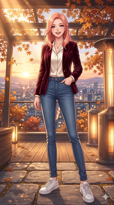 score_9, masterpiece, best quality, ultra-detailed, high-budget anime keyframe, vibrant anime aesthetic, Japanese woman. low angle full-body shot from head to toe showing her feet, filling the entire 9:16 vertical frame with her statuesque presence, 