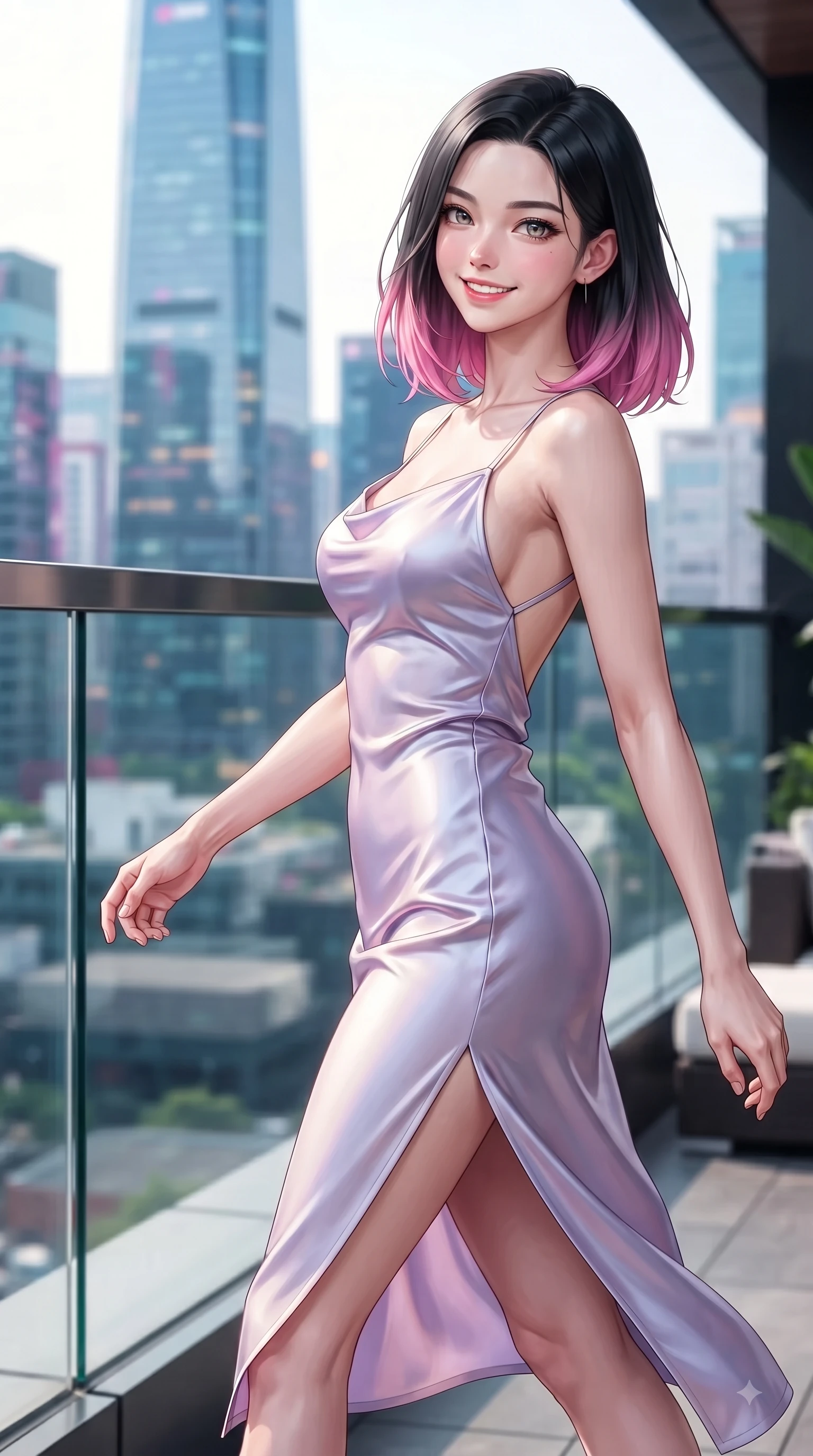 score_9, masterpiece, best quality, ultra-detailed, high-budget anime keyframe, editorial fashion photography, tasteful artistic composition, Korean woman. close-up cowboy shot from the waist and thighs up, the character dominates the composition, filling the frame with her large presence. Gazing directly into the camera with a fresh, infectious smile as her torso curves dynamically in mid-stride while pivoting dynamically near a glass railing with city skyscraper outlines behind her. The surrounding environment is rendered in vivid detail and crisp panoramic clarity. vibrant city lights and stylish terrace lounge decor captured with environmental precision. She has an exceptionally elegant, slender, and willowy female figure with an ultra-slim waist, a gracefully sculpted slender torso, and a refined silhouette. sharp v-shaped jawline, high-bridge nose, intricate jewel-like eyes with depth, thick eyelashes, glossy lips with a natural sheen, flawlessly proportioned anatomical accuracy, natural body alignment, perfectly sculpted elegant limbs, clean dynamic posture without body distortion. wearing a precision-fitted liquid satin slip dress with fluid draped lines and an open back in soft lavender violet and pearl white, crafted from lightweight fluid chiffon, featuring a sleek side leg slit ascending to mid-thigh, the glove-like fit emphasizing her statuesque silhouette during motion. illuminated by crisp specular highlights and clear rim lighting. ultra-reflective glossy finish, specular highlights, metallic sheen, high-contrast stereoscopic depth, volumetric dynamic lighting, 2k, ultra detail, master piece, 9:16 ratio