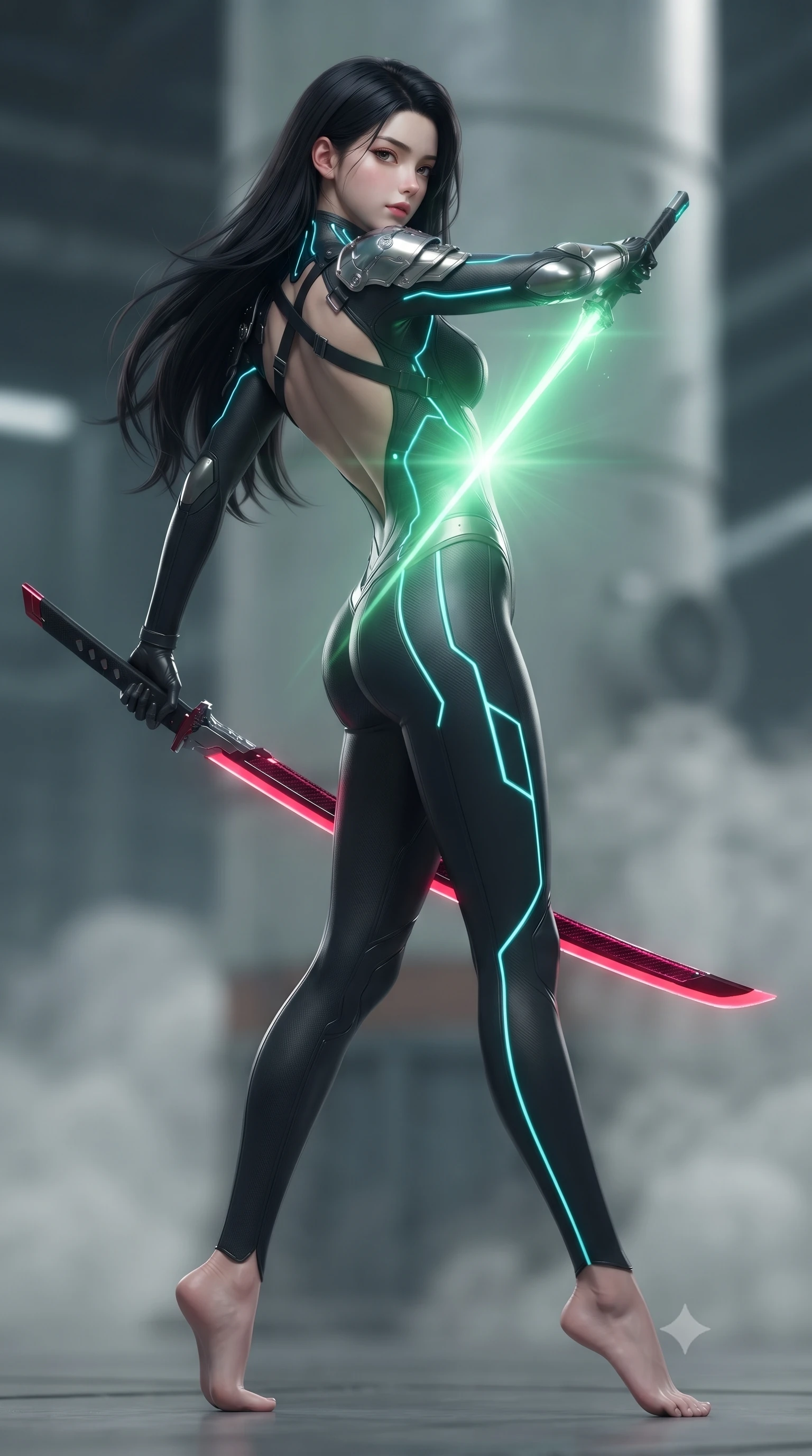 score_9, masterpiece, best quality, ultra-detailed, high-budget anime keyframe, editorial fashion photography, tasteful artistic composition, Korean woman. low angle full-body shot from head to toe showing her feet, filling the entire 9:16 vertical frame with her statuesque presence, stretching her vertical silhouette. arching her spine in a fluid zero-gravity combat turn with sovereign grace, her long slender legs and sculpted torso creating a sweeping line of power while pivoting dynamically as a pure photon arrow forms in her fingers, casting radiant green light across her sculpted flat midriff. The composition keeps background elements in soft focus with creamy bokeh. industrial reactor support pillars and steam condensation vents softened in dreamy atmospheric depth. She has an absolutely perfect, statuesque 8.5-heads proportion, an exceptionally tall and slender model-like female figure with impossibly long slender legs, a toned flat midriff, and an ultra-slim waist. sharp v-shaped jawline, high-bridge nose, intricate jewel-like eyes with depth, thick eyelashes, glossy lips with a natural sheen, flawlessly proportioned anatomical accuracy, strict slender model proportions, natural body alignment, perfectly sculpted long slender limbs, ultra-slim waistline, clean dynamic posture without body distortion. wearing an aerodynamic matte-black carbon-fiber bodysuit with glowing neon cyan conduit lines, reinforced by polished titanium pauldrons, wielding a sleek holographic plasma katana with a brilliant energy blade in deep crimson carbon weave with specular dark chrome accents, tailored from flexible second-skin carbon-mesh that clings flawlessly to her athletic curves, complemented by criss-cross back harness straps highlighting her completely bare spine, the sleek second-skin cut tightly hugging her graceful clavicle, narrow waist, and feminine curves with athletic precision. surrounded by a sacred, mystical, and breathtakingly powerful high-tech archer goddess atmosphere. ultra-reflective glossy finish, specular highlights, dark metallic sheen, high-contrast stereoscopic depth, volumetric dynamic lighting, 2k, ultra detail, master piece, 9:16 ratio