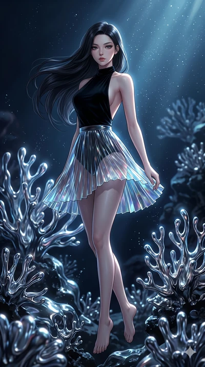 score_9, masterpiece, best quality, ultra-detailed, high-budget anime keyframe, Korean woman. low angle full-body shot filling the entire 9:16 frame with her statuesque presence, stretching the vertical silhouette. diving through a bionic fluid mercu