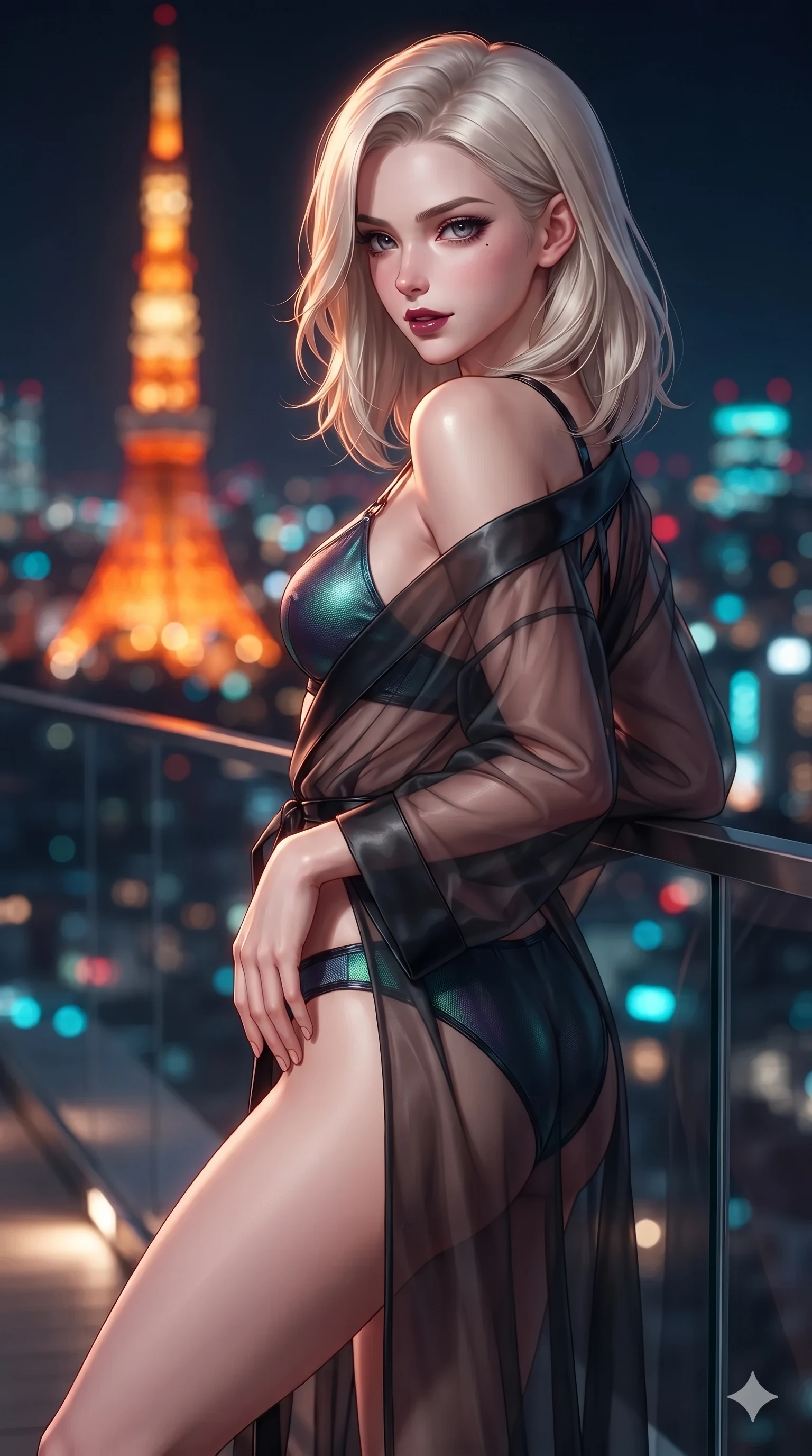 score_9, masterpiece, best quality, ultra-detailed, high-budget anime keyframe, editorial fashion photography, tasteful artistic composition, Caucasian woman. close-up cowboy shot from the waist and thighs up, the character dominates the composition, filling the frame with her large presence. tilting her head with a teasing half-smile, running one hand slowly down the side of her hip in a flirtatious S-curve as ambient neon caresses her silhouette while leaning back against the sleek glass parapet with hips cocked back, casting an intoxicating, sultry bedroom-gaze over a bare shoulder toward the lens. The background shows a soft-focus the fiery orange beacon of Tokyo Tower and dense megalopolis sea of lights blurred into brilliant scarlet, amber, and electric cyan bokeh. She has an exceptionally elegant, slender, and willowy female figure with an ultra-slim waist, flat toned midriff, narrow ribcage, and sculpted feminine hips creating an alluring, slim hourglass silhouette without bulk. sharp v-shaped jawline, high-bridge nose, intricate jewel-like dark sparkling eyes with dangerous depth, thick curled eyelashes, glossy parted lips with a rich wine sheen, smoldering seductive half-smile with bedroom-eyes, exuding effortless superiority and intoxicating dark allure, flawlessly proportioned anatomical accuracy, strict slender model proportions, natural body alignment, perfectly sculpted long slender limbs, ultra-slim waistline, clean dynamic posture without body distortion. wearing a sheer gossamer organza evening kimono slipping off bare shoulders over a matching satin micro-bralette and briefs in iridescent petroleum beetle-sheen and deep graphite, woven from bespoke high-density barathea wool with refined ceremonial hold, featuring an open-back criss-cross harness strap in patent black leather, the impeccably tailored cut draping gracefully along her slender figure with aristocratic noir poise. illuminated by terrace accent uplights and sharp rose-gold rim lights sculpting her razor-sharp jawline, narrow waist, and curvy hips. ultra-reflective glossy finish, specular highlights, rich textural contrasts, high-contrast stereoscopic depth, volumetric dynamic lighting, 2k, ultra detail, master piece, 9:16 ratio