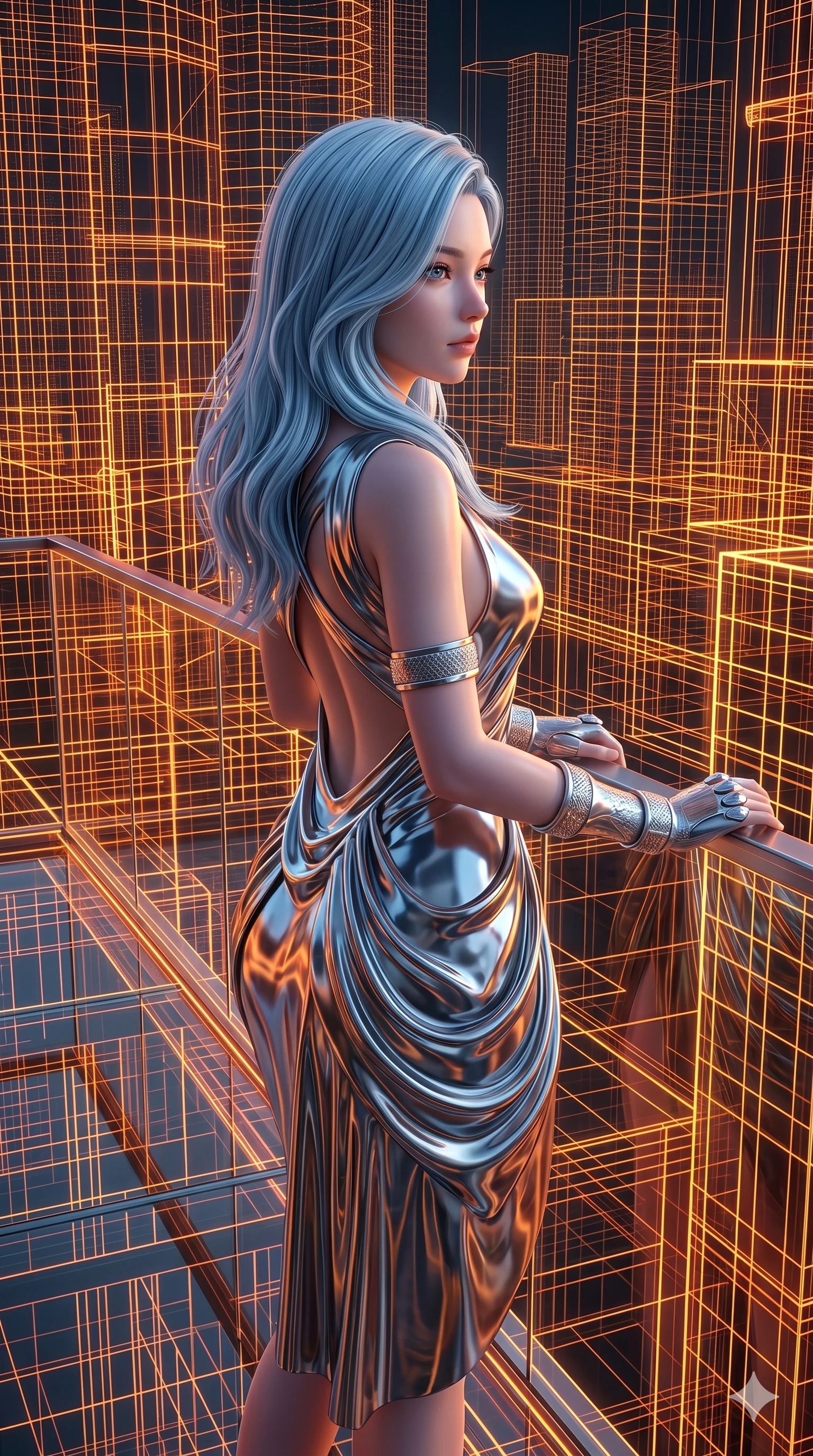 score_9, masterpiece, best quality, ultra-detailed, high-budget anime keyframe, semi-realistic 3D game render, Korean woman. Upper body close-up from the thighs up, character filling the screen for maximum presence. Standing on a glass balcony in a digital city of wireframes, looking out at the glowing lines with a thoughtful, serene look. She is wearing an asymmetrical dress in liquid-chrome finish and silver wrist cuffs. The scene is illuminated by the orange and yellow neon lines of the wireframes. 2k, ultra detail, master piece, 9:16 ratio