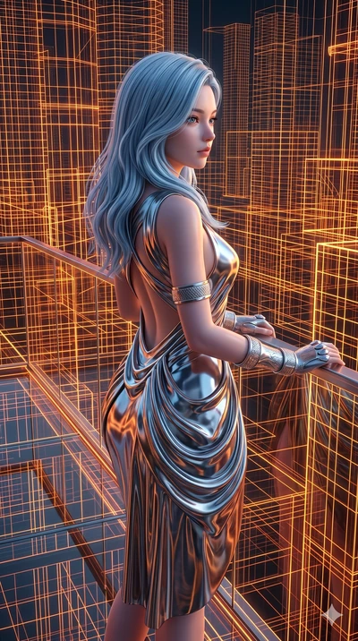 score_9, masterpiece, best quality, ultra-detailed, high-budget anime keyframe, semi-realistic 3D game render, Korean woman. Upper body close-up from the thighs up, character filling the screen for maximum presence. Standing on a glass balcony in a d