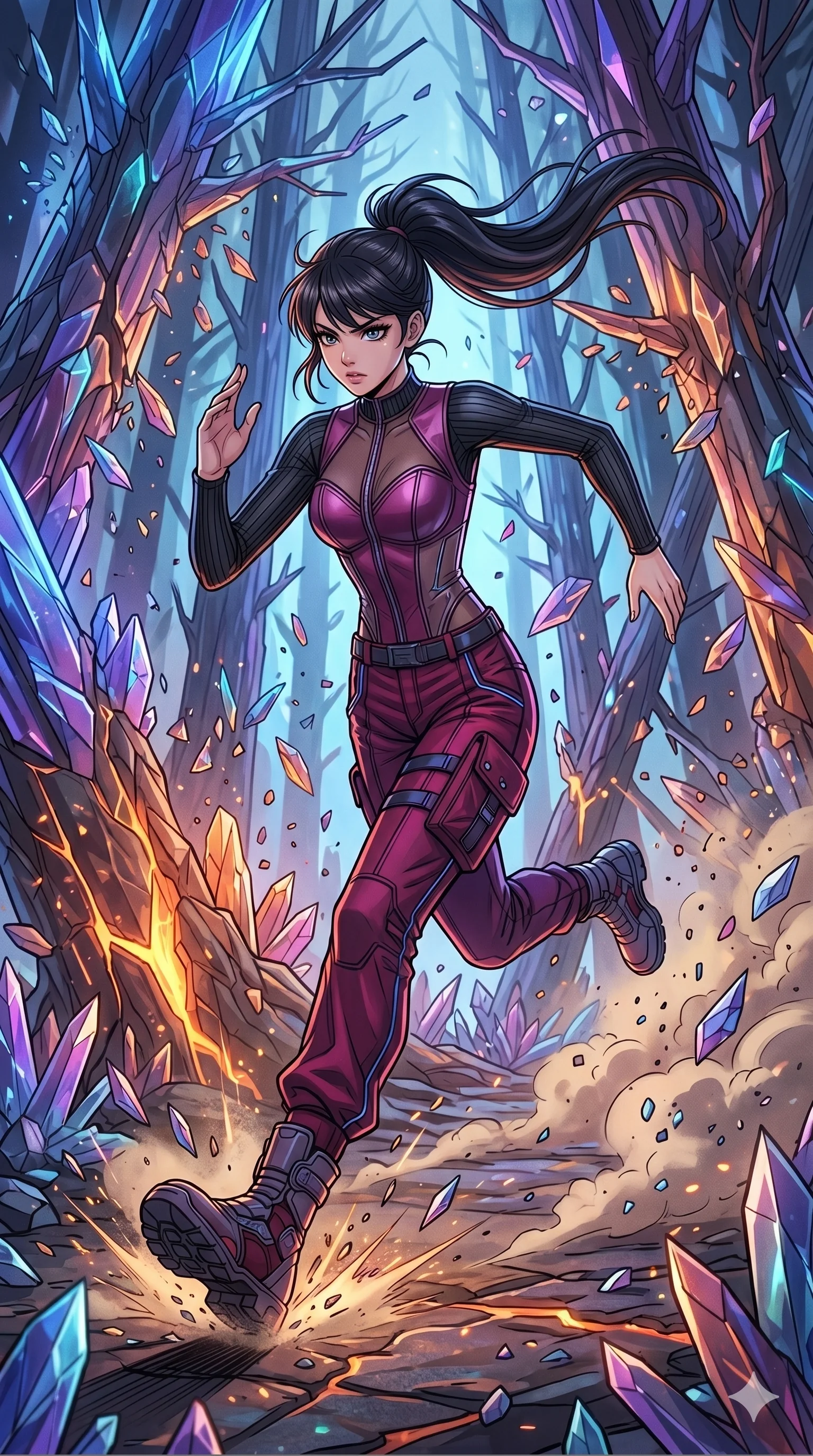 score_9, masterpiece, best quality, ultra-detailed, high-budget anime movie keyframe, cinematic anime lighting, intricate line art, Japanese woman. Low angle cowboy shot capturing a powerful motion and statuesque presence. sprinting through a forest of falling crystalline trees. She has an absolutely perfect 8-heads proportion, an exceptionally tall and slender female figure with an ultra-slim waist and impossibly long slender legs. strictly human anatomy, two legs only, no extra limbs, clearly defined legs and arms, perfect anatomy, perfect hands and fingers. sharp v-shaped jawline, high-bridge nose, intricate jewel-like eyes, thick eyelashes, glossy lips. Wearing Urban Trendsetter: Ribbed bodycon dress, crop top with high-waist denim, and sheer corset with cargo pants. The scene is illuminated by dramatic atmospheric lighting and vibrant color palettes. , 2k, ultra detail, master piece, 9:16 ratio
