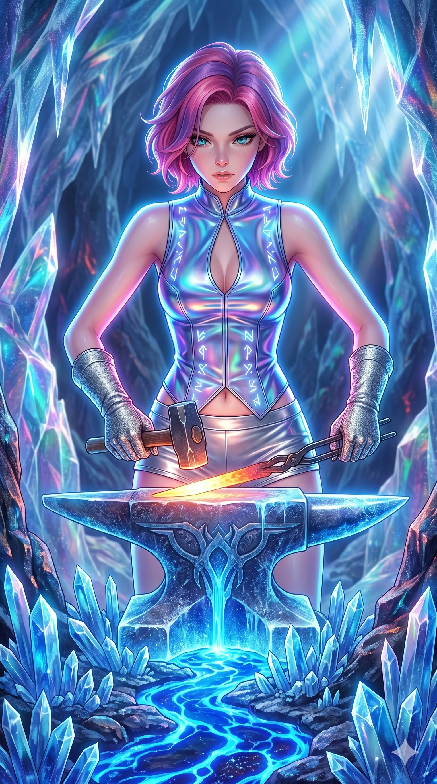 score_9, masterpiece, best quality, ultra-detailed, high-budget anime keyframe, Japanese woman. upper body close-up from the thighs up, character filling the screen for maximum presence. forging in a prismatic ice-volcano temple where glowing cobalt-blue liquid magma flows between frozen blue ash crystals. She has an absolutely perfect 8-heads proportion, an exceptionally tall and slender female figure with impossibly long slender legs and an ultra-slim waist. V-shaped jawline, high-bridge nose, intricate jewel-like eyes with depth, thick eyelashes, glossy lips with a natural sheen.. wearing a holographic liquid silk vest and silver metallic micro-shorts, featuring a keyhole cutout and form-fitting silhouette. bathed in brilliant cinematic volumetric lighting and intense neon rim light highlighting her slender form. 2k, ultra detail, master piece, 9:16 ratio