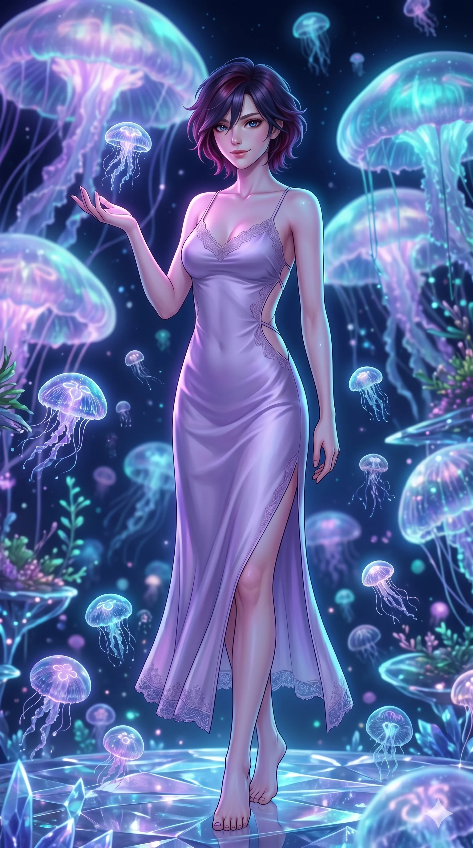 score_9, masterpiece, best quality, ultra-detailed, high-budget anime keyframe, editorial fashion photography, tasteful artistic composition, Korean woman. cowboy shot from the thighs up, character and outfit filling the frame for maximum editorial presence. reaching a hand toward a floating jellyfish, looking at the camera with a mystical smile in a bioluminescent sky garden with floating jellyfish clouds (Code-P16-047). She has an absolutely perfect 8-heads proportion, an exceptionally tall and slender female figure with impossibly long slender legs and an ultra-slim waist. V-shaped jawline, high-bridge nose, intricate jewel-like eyes with depth, thick eyelashes, glossy lips with a natural sheen. wearing a lavender silk slip dress with a delicate lace pattern trim and deep side cutouts. soft purple and cyan light from the floating organisms, casting a magical aura on her. 2k, ultra detail, master piece, 9:16 ratio