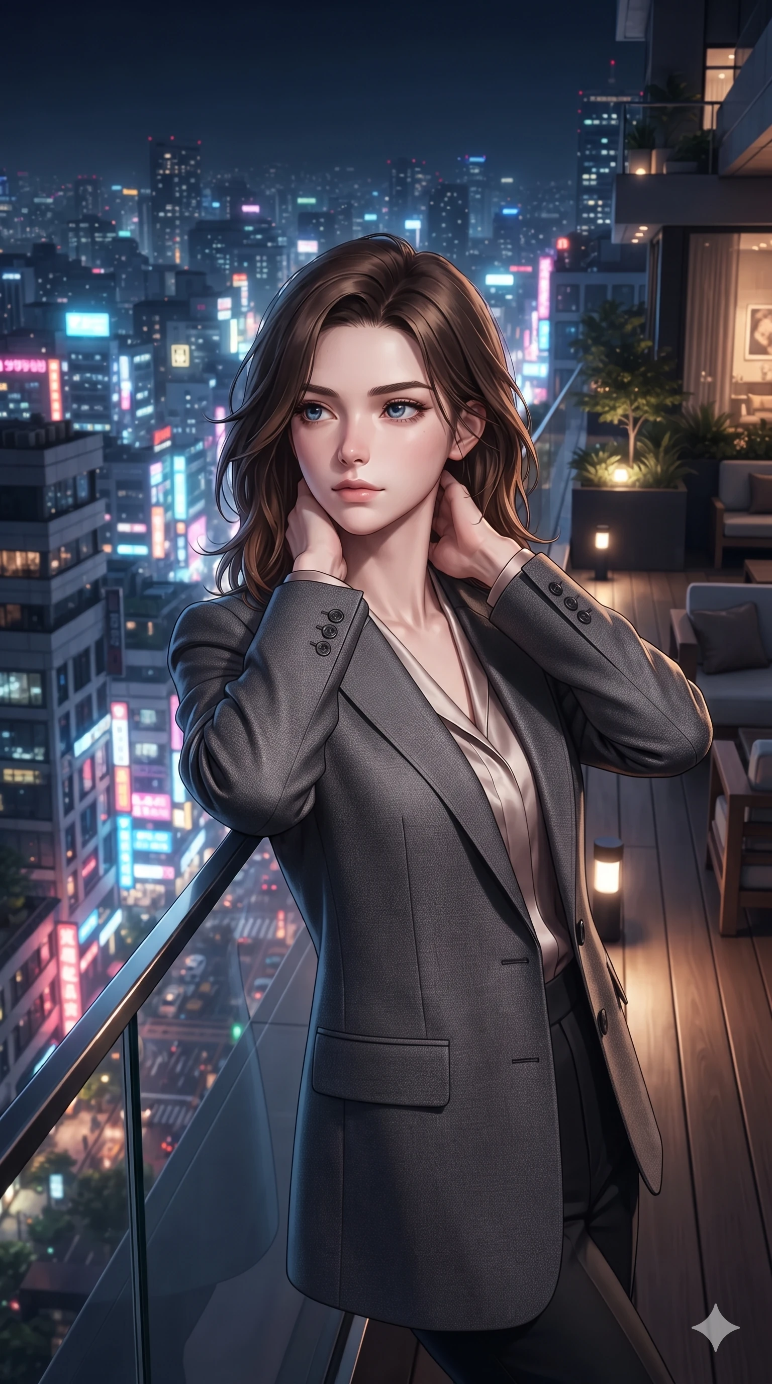 score_9, masterpiece, best quality, ultra-detailed, high-budget anime keyframe, editorial fashion photography, tasteful artistic composition, Korean woman. close-up cowboy shot from the waist and thighs up, the character dominates the composition, filling the frame with her large presence. resting both hands lightly behind her neck with elbows raised, arching her spine to highlight her narrow waist, flat midriff, and breathtaking collarbones while leaning against the nautical glass railing with hips cocked back, looking out over the neon-lit megalopolis below with smoldering bedroom-eyes. The surrounding environment is rendered in vivid detail and crisp panoramic clarity: detailed garment textures, second-skin fit, and world-class penthouse terrace architecture in high resolution. She has an exceptionally elegant, slender, and willowy female figure with an ultra-slim waist, flat toned midriff, narrow ribcage, and sculpted feminine hips creating an alluring, slim hourglass silhouette without bulk. sharp v-shaped jawline, high-bridge nose, intricate jewel-like sparkling eyes with depth, thick eyelashes, glossy parted lips with a natural peach sheen, bright cheerful beaming smile with an enchanting and coquettish sensual glint, exuding both youthful cute charm and seductive allure, flawlessly proportioned anatomical accuracy, strict slender model proportions, natural body alignment, perfectly sculpted long slender limbs, ultra-slim waistline, clean dynamic posture without body distortion. wearing a delicate sheer French Chantilly lace teddy layered under an open tailored metallic blazer draped over bare shoulders in phosphorescent ultraviolet amethyst and mint green, woven from buttery-soft stretch lambskin leather adhering to her body like a second skin, accented with a chrome-drop body harness subtly framing her dewy collarbones and spine, the form-contouring silhouette accentuating her sculpted flat midriff, narrow delicate ribcage, and gracefully curvy hips with intoxicating allure. bathed in the soft pink and gold radiance of holographic lotuses combined with warm 2500K deck recessed cove lights. ultra-reflective glossy finish, specular highlights, rich textural contrasts, high-contrast stereoscopic depth, volumetric dynamic lighting, 2k, ultra detail, master piece, 9:16 ratio