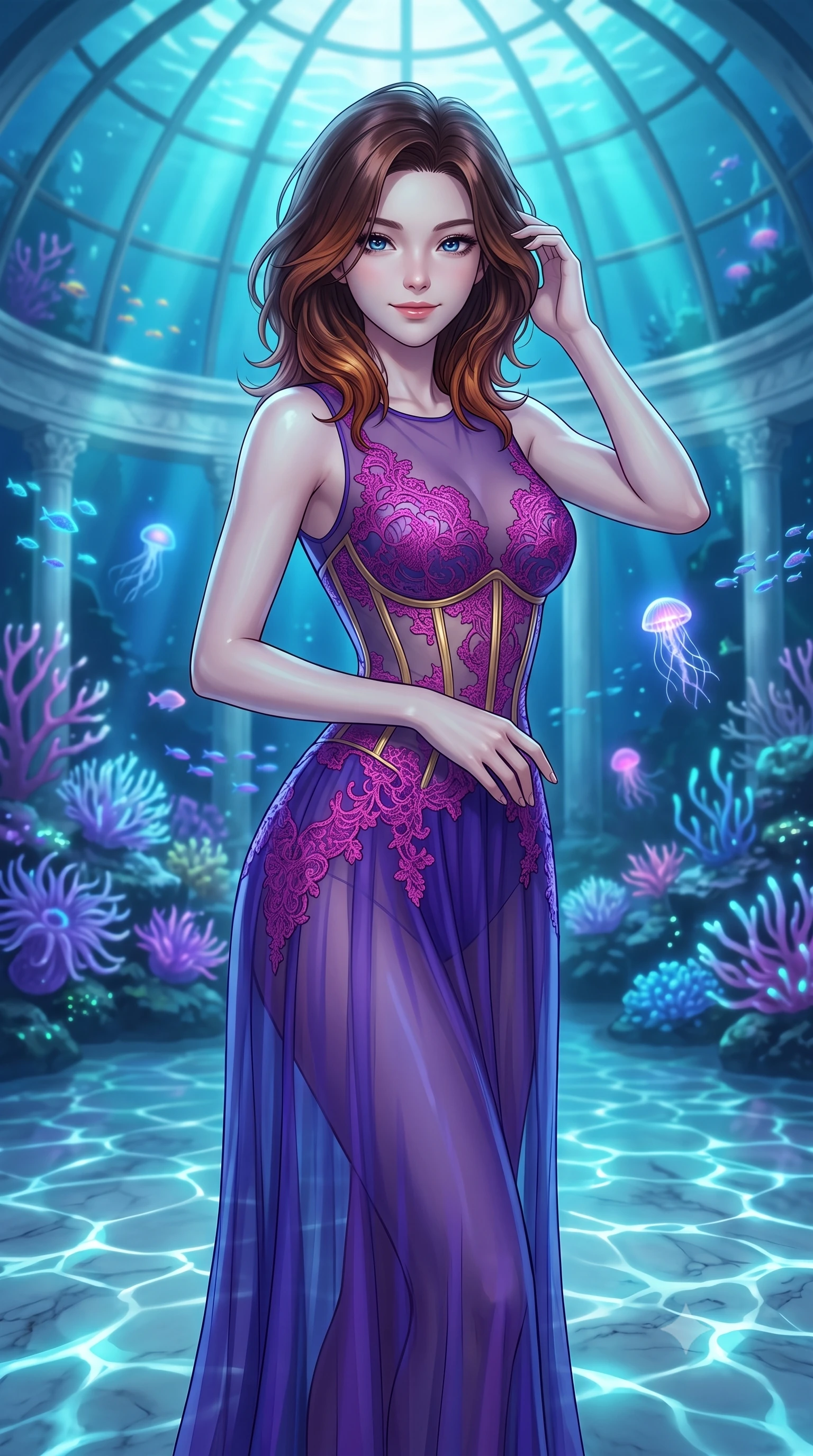 score_9, masterpiece, best quality, ultra-detailed, high-budget anime keyframe, editorial fashion photography, tasteful artistic composition, Korean woman. close-up cowboy shot from the waist and thighs up, the character dominates the composition, filling the frame with her large presence, background elements kept in soft focus. Smiling softly with a knowing, happy look in her eyes. set against a soft-focus background of inside a submerged ancient white marble conservatory under a giant underwater glass dome, filled with glowing corals and neon sea creatures. She has an exceptionally elegant, slender, and willowy female figure with a highly-defined ultra-slim waist, a gracefully sculpted slender torso, and a refined slim-fit silhouette that contours her form. sharp v-shaped jawline, high-bridge nose, intricate jewel-like eyes with depth, thick eyelashes, glossy lips with a natural sheen. wearing a floor-length sheer gown in royal purple, featuring strategic fuchsia lace placement and a structured gold corset. aquamarine shafts of light filtering down through the deep water, casting moving caustic patterns across the marble floors. 2k, ultra detail, master piece, 9:16 ratio