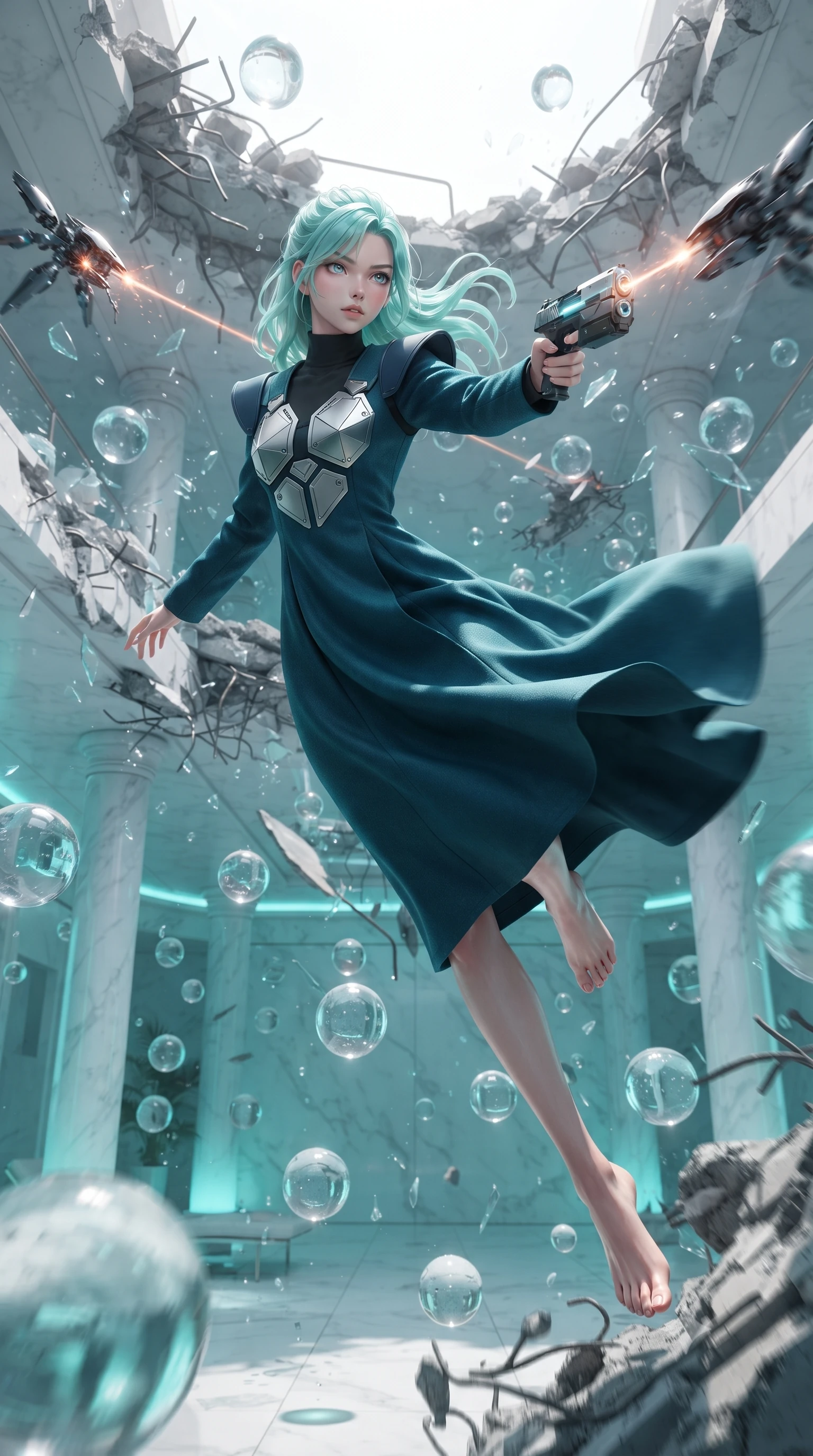score_9, masterpiece, best quality, ultra-detailed, high-budget anime keyframe, editorial fashion photography, tasteful artistic composition, realistic cosplay photography, Japanese woman. low angle full-body shot from head to toe showing her feet, filling the entire 9:16 vertical frame with her statuesque presence, stretching her vertical silhouette. leaping dynamically off a collapsing sky-bridge while firing back at security drones through an indoor wellness room with water spheres floating in zero-gravity and clean white pillars. She has a statuesque 8.5-heads proportion, an exceptionally tall, slender and willowy model-like build with impossibly long legs and a highly sculpted ultra-slim waist. sharp v-shaped jawline, high-bridge nose, intricate jewel-like eyes with depth, thick eyelashes, glossy lips with a natural sheen. wearing the lightweight fabric rippling and billowing dramatically with her movement, a slim-fit futuristic scholar robe in deep teal wool, featuring structured shoulder caps and silver geometric chest plates, over a black high-neck top. eerie aqua under-lighting from floating water balls reflecting off white marble. ultra-reflective glossy finish, specular highlights, metallic sheen, high-contrast stereoscopic depth, volumetric dynamic lighting, 2k, ultra detail, master piece, 9:16 ratio