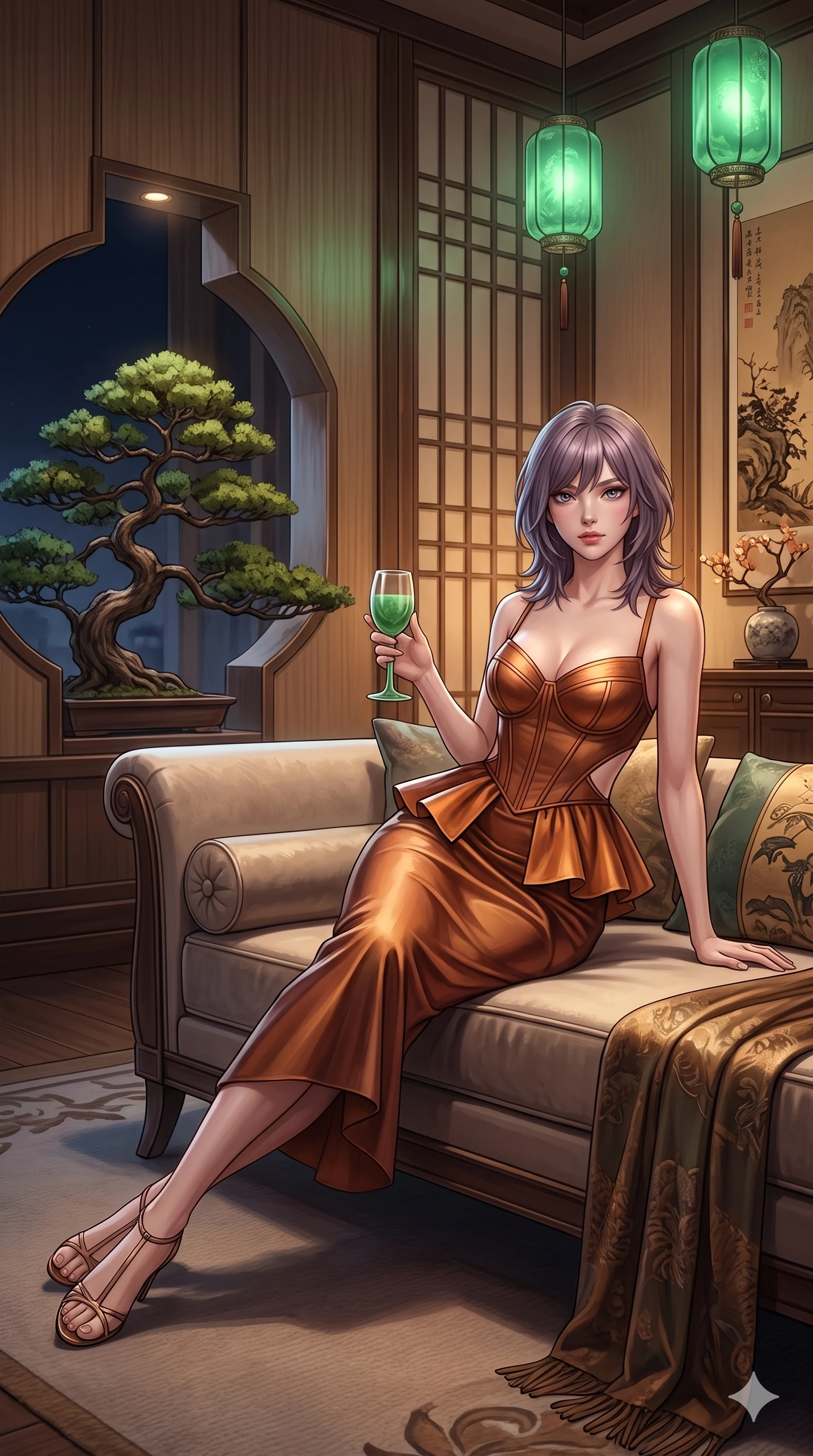score_9, masterpiece, best quality, ultra-detailed, high-budget anime keyframe, semi-realistic 3D game render, editorial fashion photography, tasteful artistic composition, Japanese woman. low angle full-body shot from head to toe showing her feet, filling the entire 9:16 vertical frame with her statuesque presence, stretching her vertical silhouette. reclining gracefully across the plush chaise lounge with one leg extended, her sculpted silhouette and flat midriff radiating magnetic nocturnal glamour while standing poised beside the sculptural bonsai alcove, arching her lower back with sovereign supermodel poise while holding a jade-stemmed glass. The surrounding environment is rendered in vivid detail and crisp panoramic clarity: intricate second-skin silk dress tailoring, jeweled clasp hardware, and luxury Oriental modern interior design in razor-sharp precision. She has an exceptionally tall and slender model-like 8.5-heads proportion, an ultra-slim waist, a flat toned midriff, narrow delicate ribcage, and beautifully sculpted feminine hips creating a graceful, slim hourglass silhouette without any bulky heaviness, with impossibly long slender legs. sharp v-shaped jawline, high-bridge nose, intricate jewel-like sparkling eyes with depth, thick eyelashes, glossy parted lips with a natural sheen, intensely captivating and seductive bedroom-eyes expression, exuding both youthful cute charm and sovereign luxury allure, flawlessly proportioned anatomical accuracy, strict slender model proportions, natural body alignment, perfectly sculpted long slender limbs, ultra-slim waistline, clean dynamic posture without body distortion. wearing a modern peplum corset dress with side-waist diamond cutouts and an ultra-tight silhouette in rich copper bronze and warm amber, woven from buttery-soft stretch lambskin leather adhering to her body like a second skin, finished with delicate crystal-encrusted thigh garter straps glinting in the dim light, the impeccably tailored cut draping gracefully along her slender figure with aristocratic poise. bathed in the ethereal, soothing emerald-green luminescence of hanging jade lanterns combined with warm amber interior lighting. highly saturated vibrant anime colors, detailed shading with soft gradients, rich glossy textures, high-contrast stereoscopic depth, volumetric dynamic lighting, master piece, 9:16 ratio