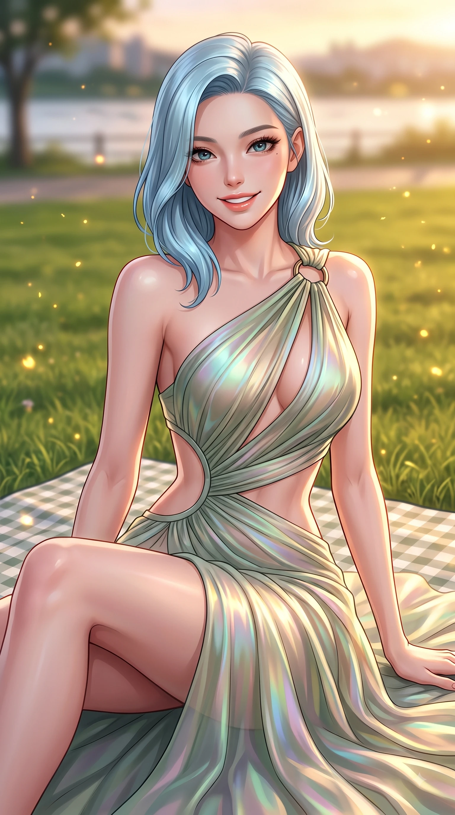 score_9, masterpiece, best quality, ultra-detailed, high-budget anime keyframe, editorial fashion photography, tasteful artistic composition, Korean woman. close-up cowboy shot from the waist and thighs up, the character dominates the composition, filling the frame with her large presence, background elements kept in soft focus. Gazing directly into the camera with a fresh, infectious smile as her torso curves dynamically in mid-stride while sitting playfully on a checkered picnic mat on a green riverfront park lawn at sunset, green park lawns scattered with golden evening light motes and gentle breezes. She has an exceptionally elegant, slender, and willowy female figure with an ultra-slim waist, a gracefully sculpted slender torso, and a refined silhouette. sharp v-shaped jawline, high-bridge nose, intricate jewel-like eyes with depth, thick eyelashes, glossy lips with a natural sheen, flawlessly proportioned anatomical accuracy, natural body alignment, perfectly sculpted elegant limbs, clean dynamic posture without body distortion. wearing an asymmetrical Grecian draped chiffon gown with a metallic shoulder ring in sage green and oatmeal, crafted from iridescent chiffon that shifts colors in the light, featuring clean architectural cutouts along her slender torso, the form-contouring material highlighting her ultra-slim waist and long lines. illuminated by soft glowing sunset reflections with cheerful golden rim lights. highly saturated vibrant anime colors, detailed shading with soft gradients, rich glossy textures, high-contrast stereoscopic depth, volumetric dynamic lighting, master piece, 9:16 ratio